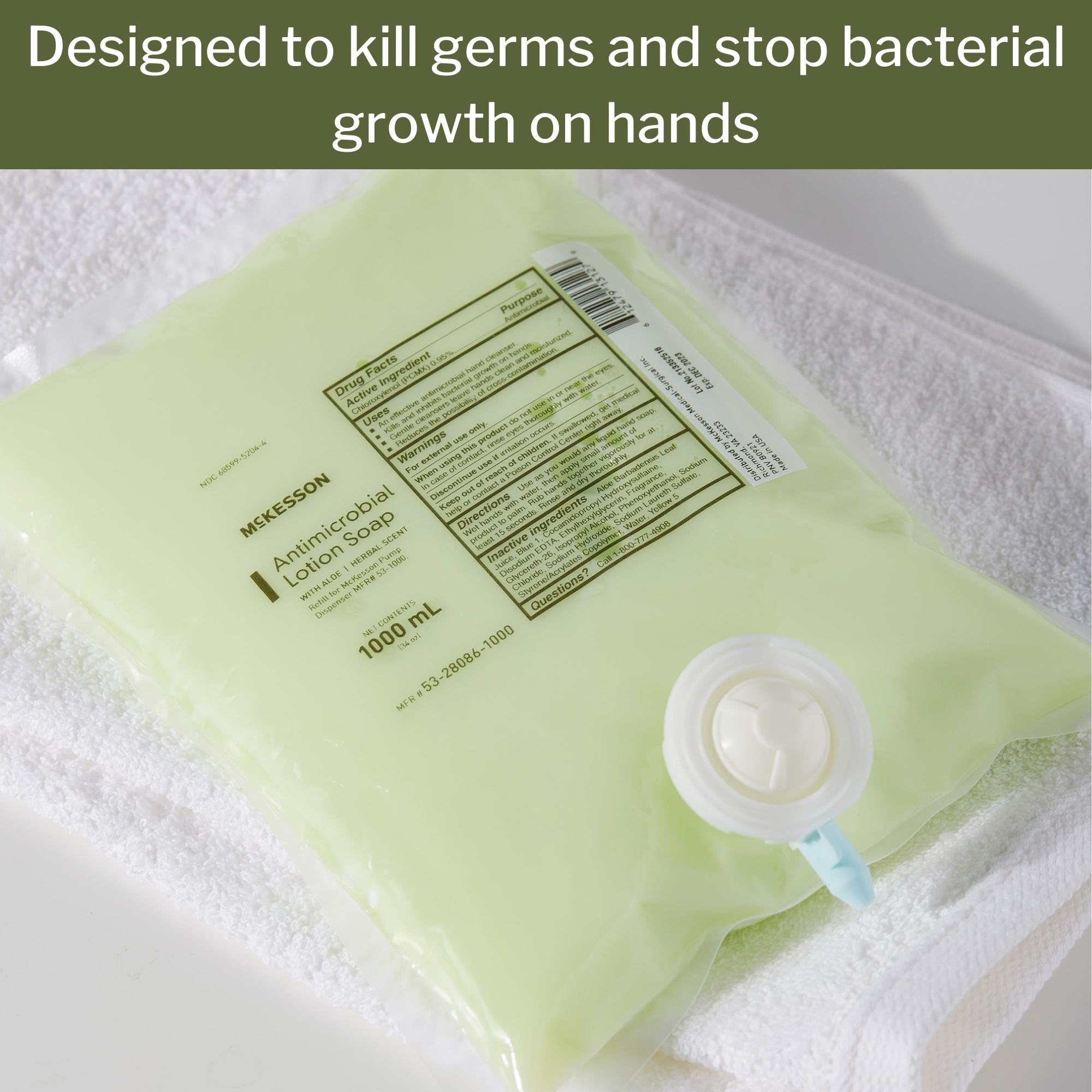Mckesson Antimicrobial Lotion Hand Soap with Aloe, 1000 mL Refill Bag [Pack of 10 Bags] - Bulk, Herbal Scent, Keeps Hands Clean