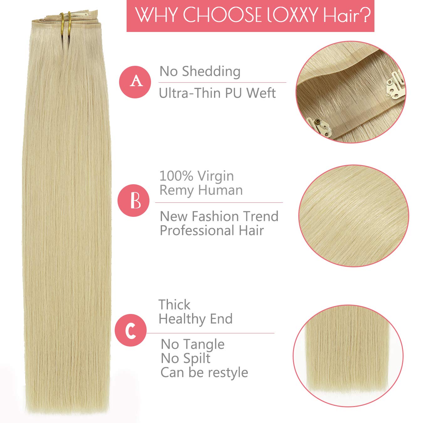 Seamless Hair Extensions Clip In Human Hair Loxxy Clip In Hair Extensions 18Inch Human Hair Clip In Extensions #60A Light Platin