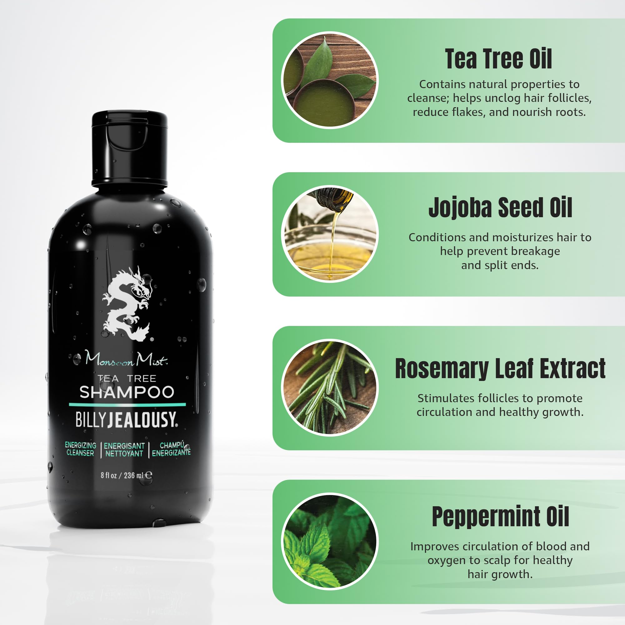 Billy Jealousy Monsoon Mist Tea Tree Energizing Men's Shampoo with Peppermint & Rosemary, Removes Oil Build-up and Soothes Scalp
