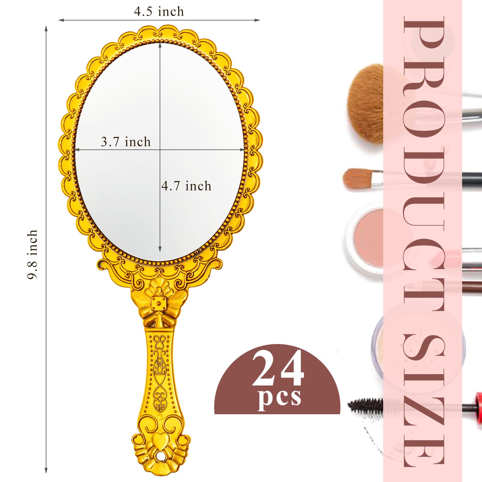 Qunclay 24 Pcs Vintage Handheld Mirror, 9.8'' L X 4.5'' W Small Gold Embossed Mirror Portable Cute Princess Mirrors Compact Trav