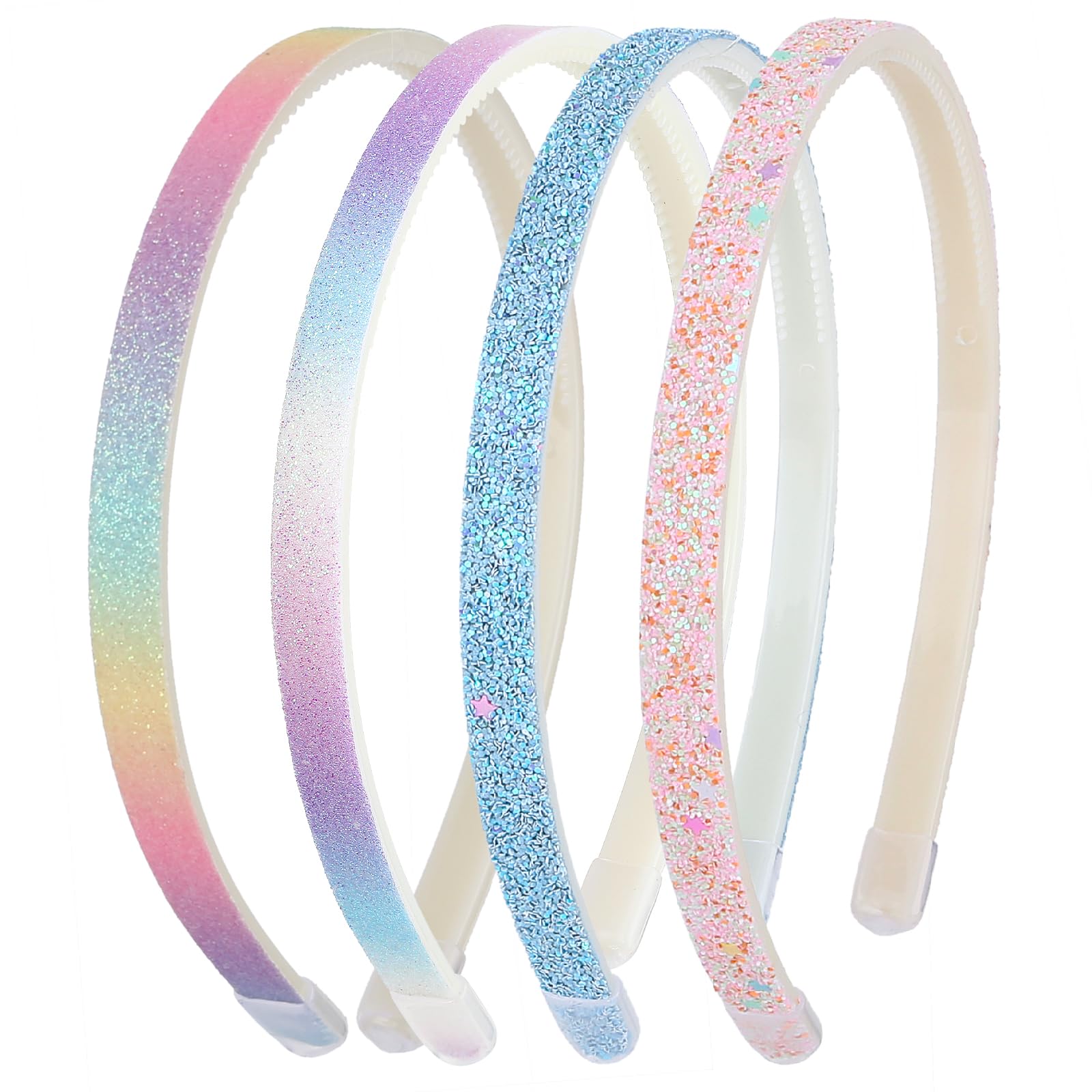 WLLHYF Glitter Headband, 4pcs Plastic Sparkly Cute Non Slip Chunky Hairbands, Thick Bling Confetti Rainbow Hair Bands with Teeth