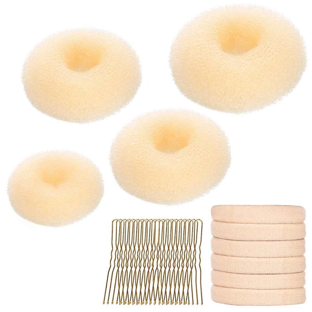YaFex Hair Bun Maker Set, 3 Pieces (Small, Medium, Large), 6 Hair Elastics, 1 Bag Hairpins, Blonde, Nylon