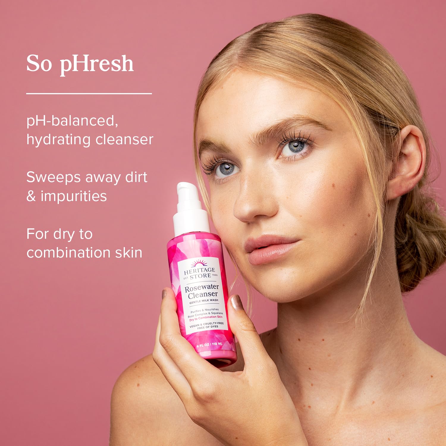 Heritage Store Rosewater Facial Cleanser, Ph Balanced Milk Wash Purifies And Nourishes W/ Squalane And Rose Complex, Dry To Comb