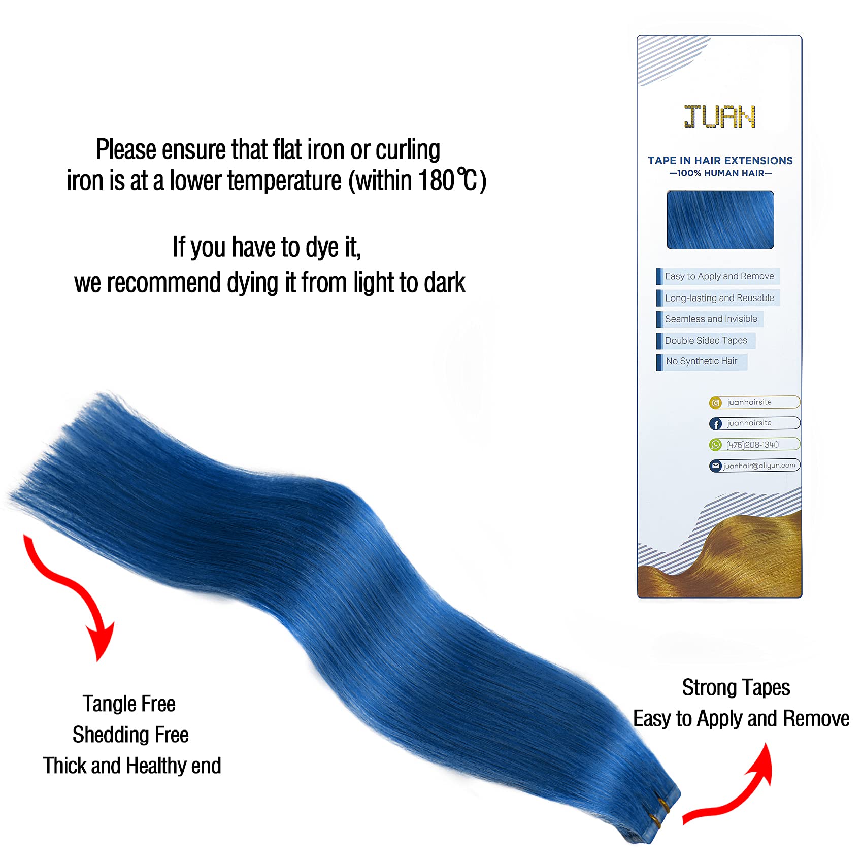 Aison Tape in Hair Extensions 22 Inch Human Hair #Blue 20 Pcs Silky Straight