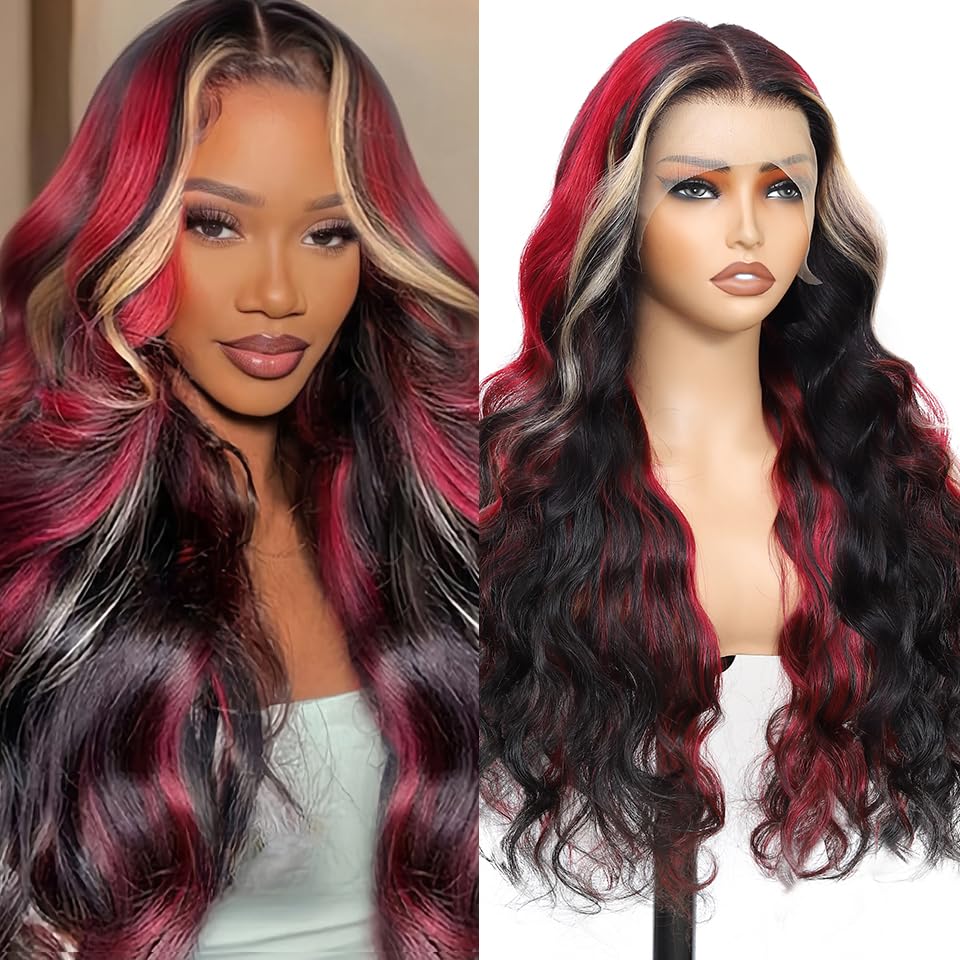 Aolvoblees Skunk Stripe Human Hair Wig 250% Density 13X4 Body Wave 1B/27/99J Highlights Burgundy Ombre HD Lace Front Frontal Glu