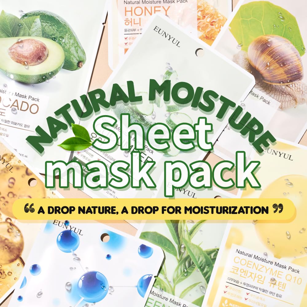 Eunyul [Pack Of 10] Natural Sheet Mask Pack 10 Types Korean Skincare Facial Mask Pack Aloe, Collagen, Pearl, Hyaluron, Avocado,
