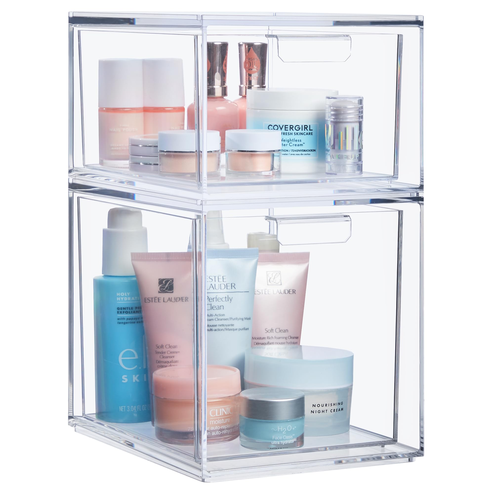 STORi Audrey Stackable Clear Bin Plastic Organizer Drawers  2 Piece Set  Organize Cosmetics and Beauty Supplies on a Vanity  Mad