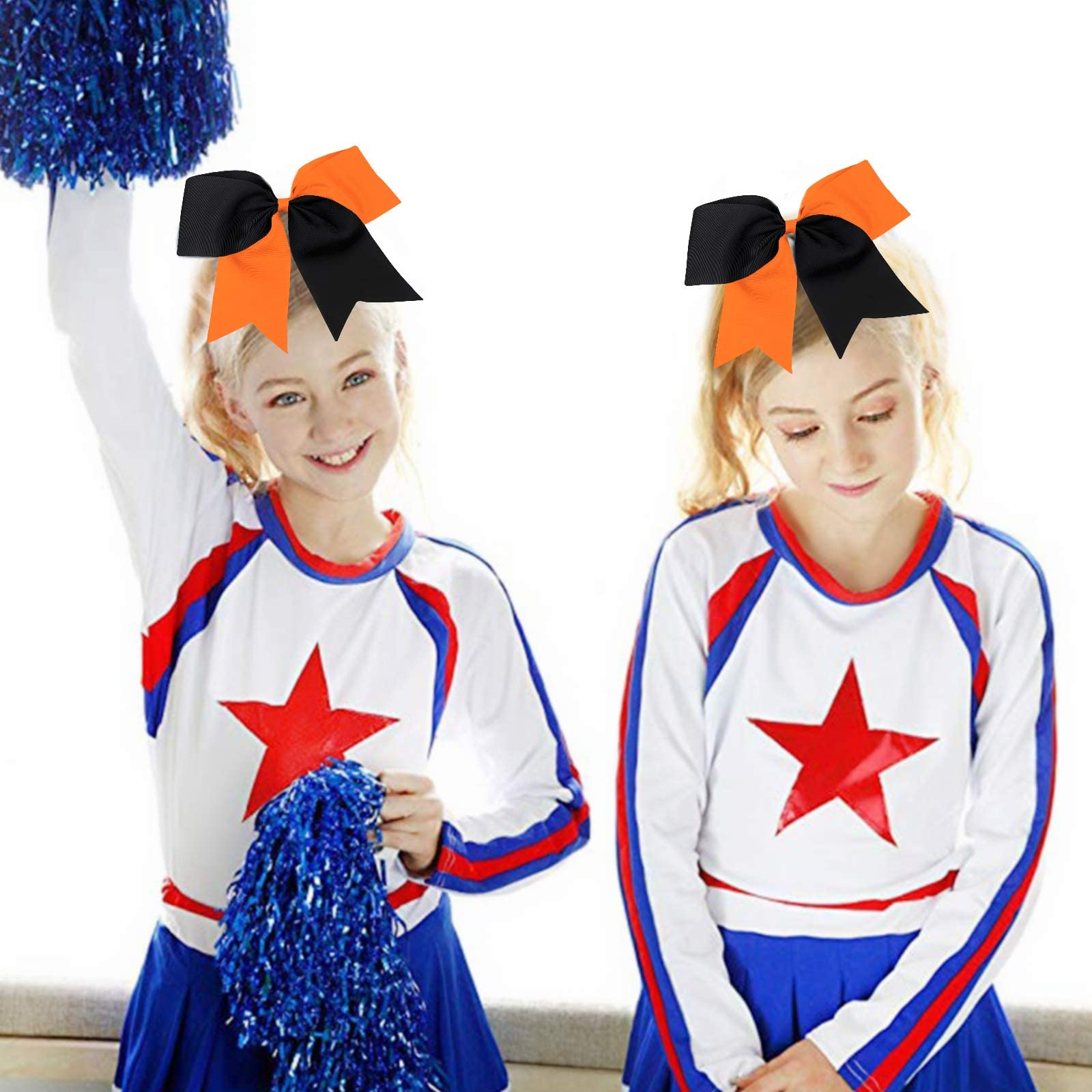 16Pcs 8 '' Large Cheer Hair Bows Ponytail Holder Elastic Band Handmade For Cheerleading Teen Girls College Sports (Black/Orange,