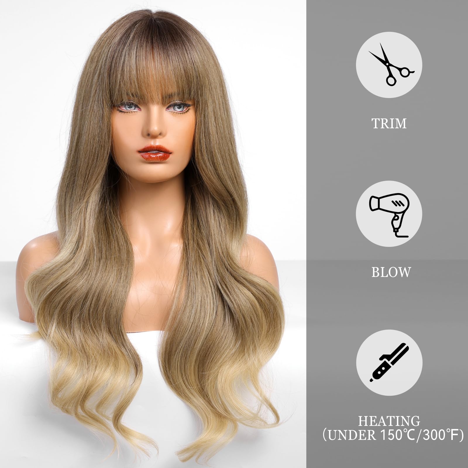 Haircube Brown To Blonde Wig With Bangs For Women Brown And Blonde Long Wavy Hair Wig Wig Curly Wavy Synthetic Wigs For Girls Da