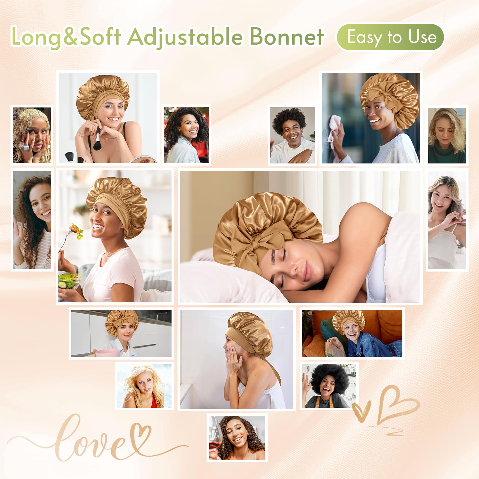 BONNET QUEEN Silk Bonnet for Sleeping - Medium Satin Hair Cap, Gold, Model ESN-BN001-1-GLD-M for Curly Hair