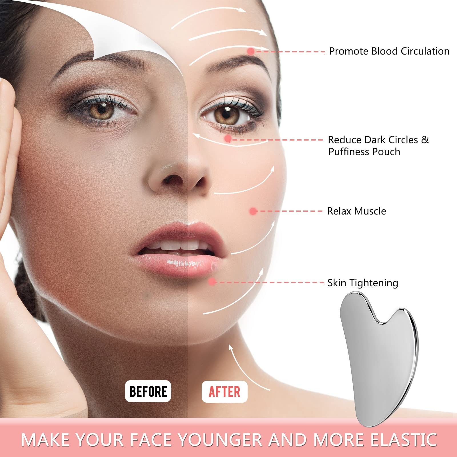 Oxt Gua Sha, Stainless Steel Gua Sha Facial Tools, Guasha Tool For Face Upgraded, Guasha Stainless Steel (Silvery)