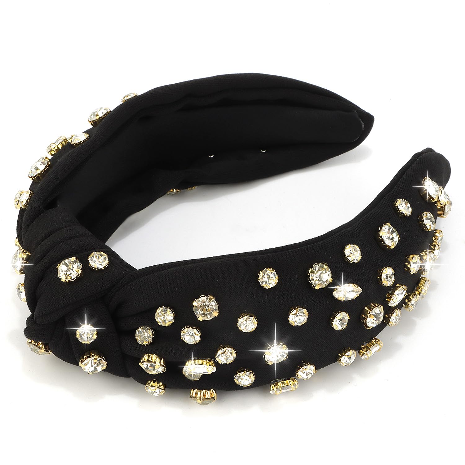 Atoden Wide Top Knot Headband, Black (Clear Rhinestones), Headband for Women's Hair, Sparkly Embellished Headbands for Girls Gif