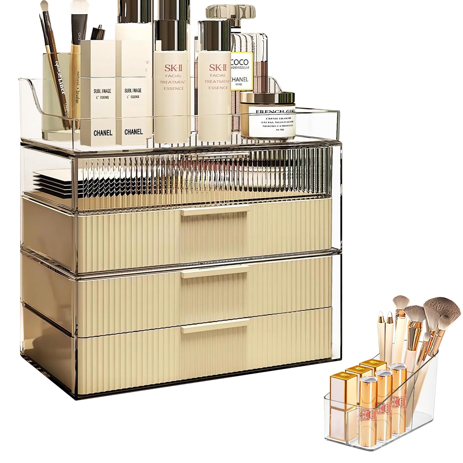 DASITON Cream Dustproof Four layers Storage Box,Makeup Brush Holder,Large Capacity Desktop Storage Box with Drawer,for Beauty Pr