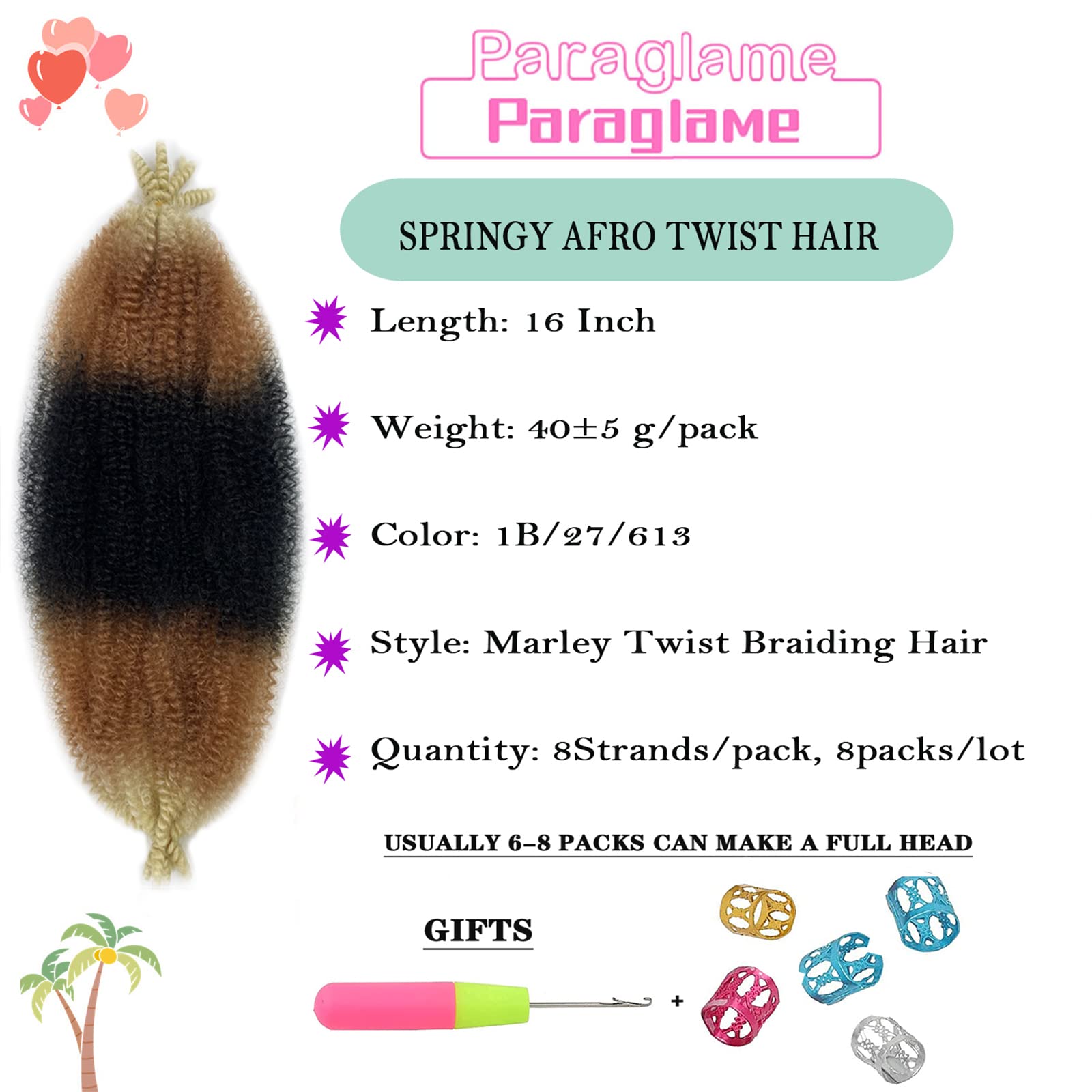 Paraglame Marley Hair 16 Inch Springy Afro Twist Hair 3 Tones Ombre Marley Twist Braiding Hair, Wrapping Hair for Soft Locs Synt