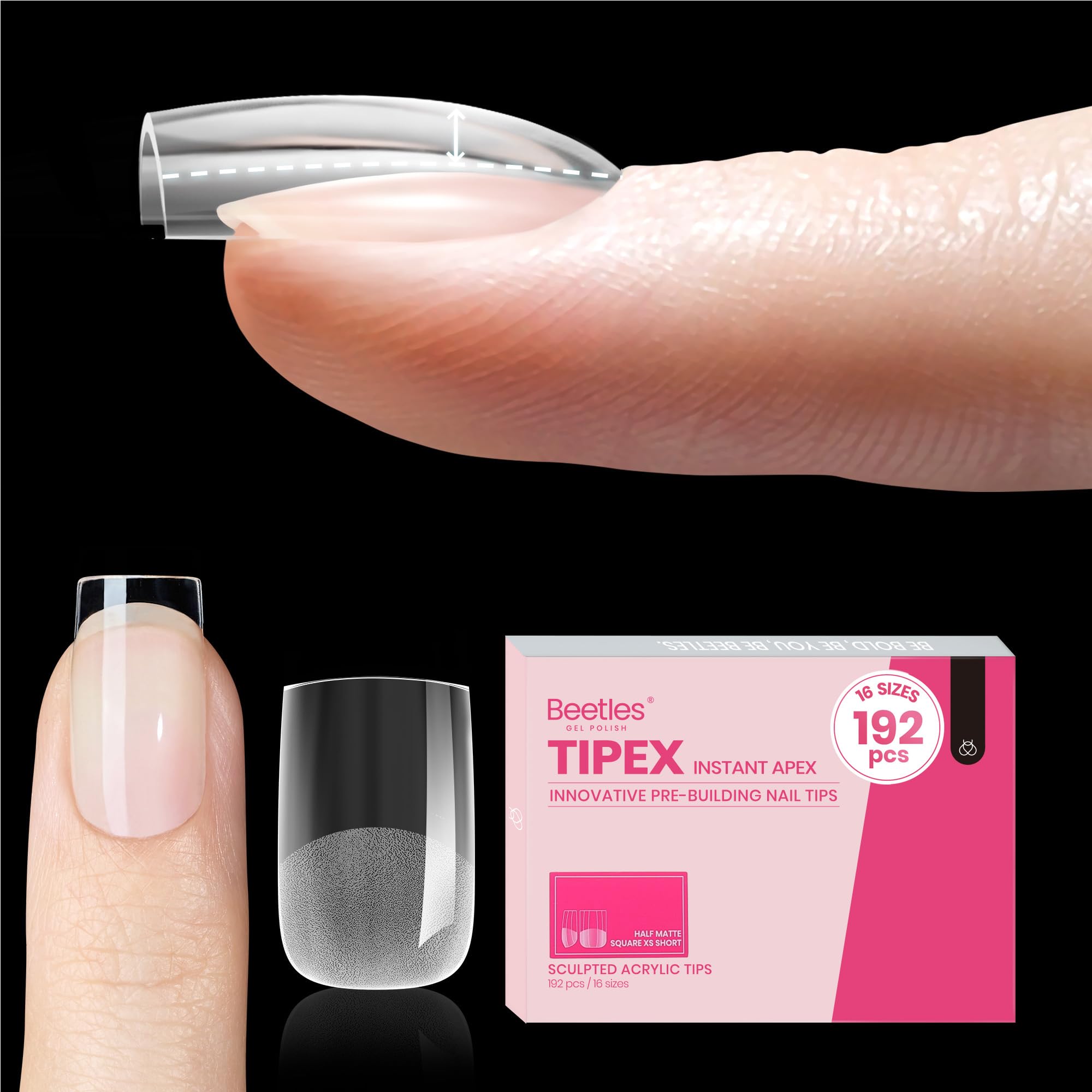 Beetles Tipex Instant Apex Nail Tips Extra Short Square: 192 Pcs Pre-Building&Pre-Etched Short Square Gel Nail Tips Full Cover H