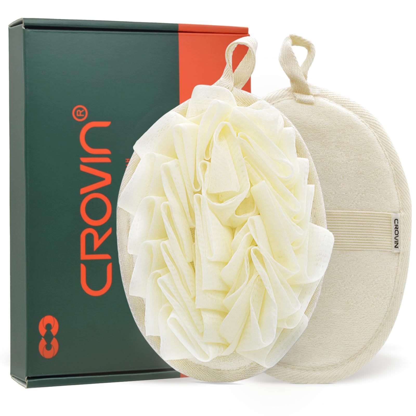 Crovin Bath Puff Shower Sponge - Premium Large 5X7 Exfoliating Pouf Mesh Sponge - 2 Count Loofahs Shower Scrubber For Men And Wo