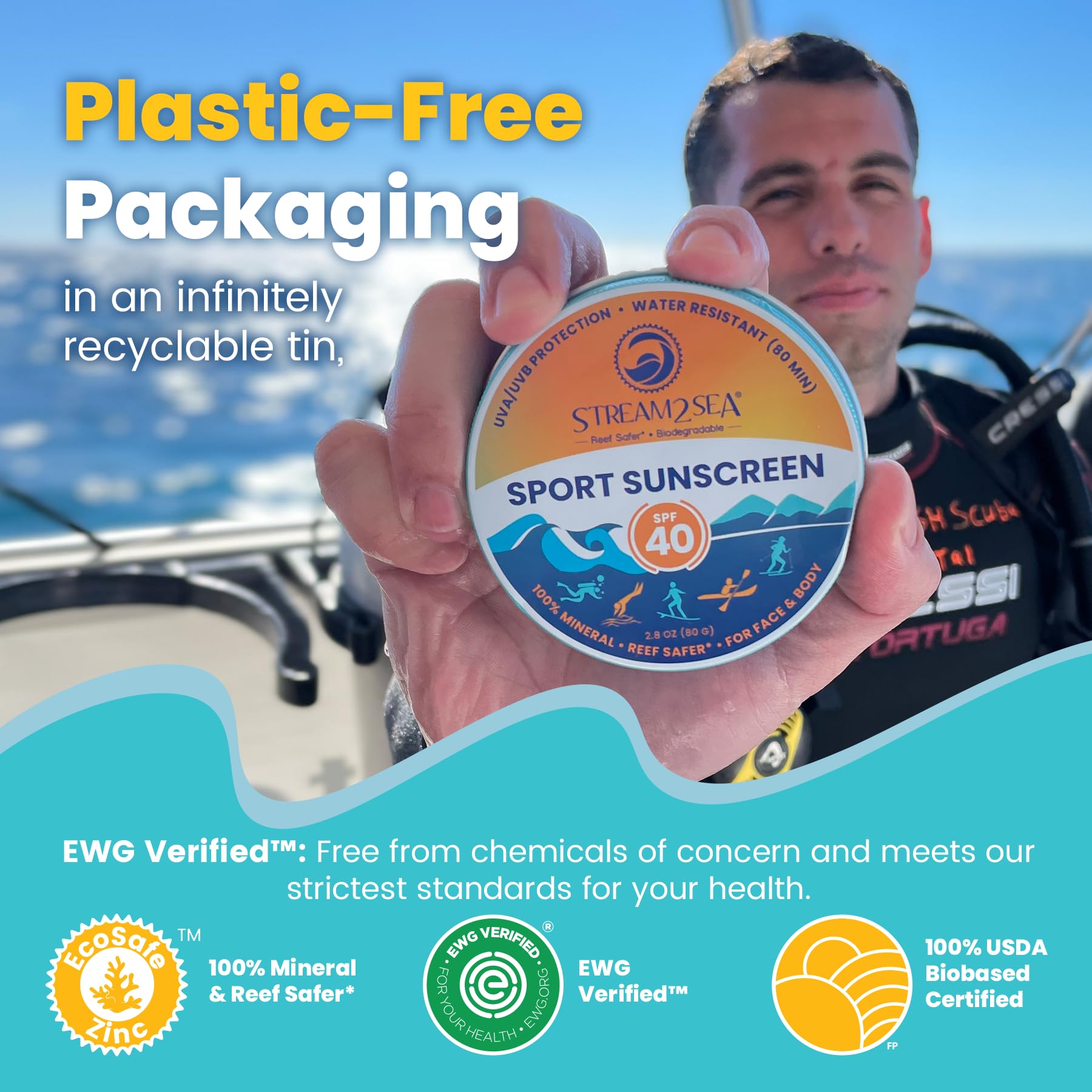 Stream2Sea Sunscreen Balm In Tin, Spf40 Reef Safe Mineral Sunscreen, Face & Body Biodegradable Sunscreen, Natural Organic Unscen