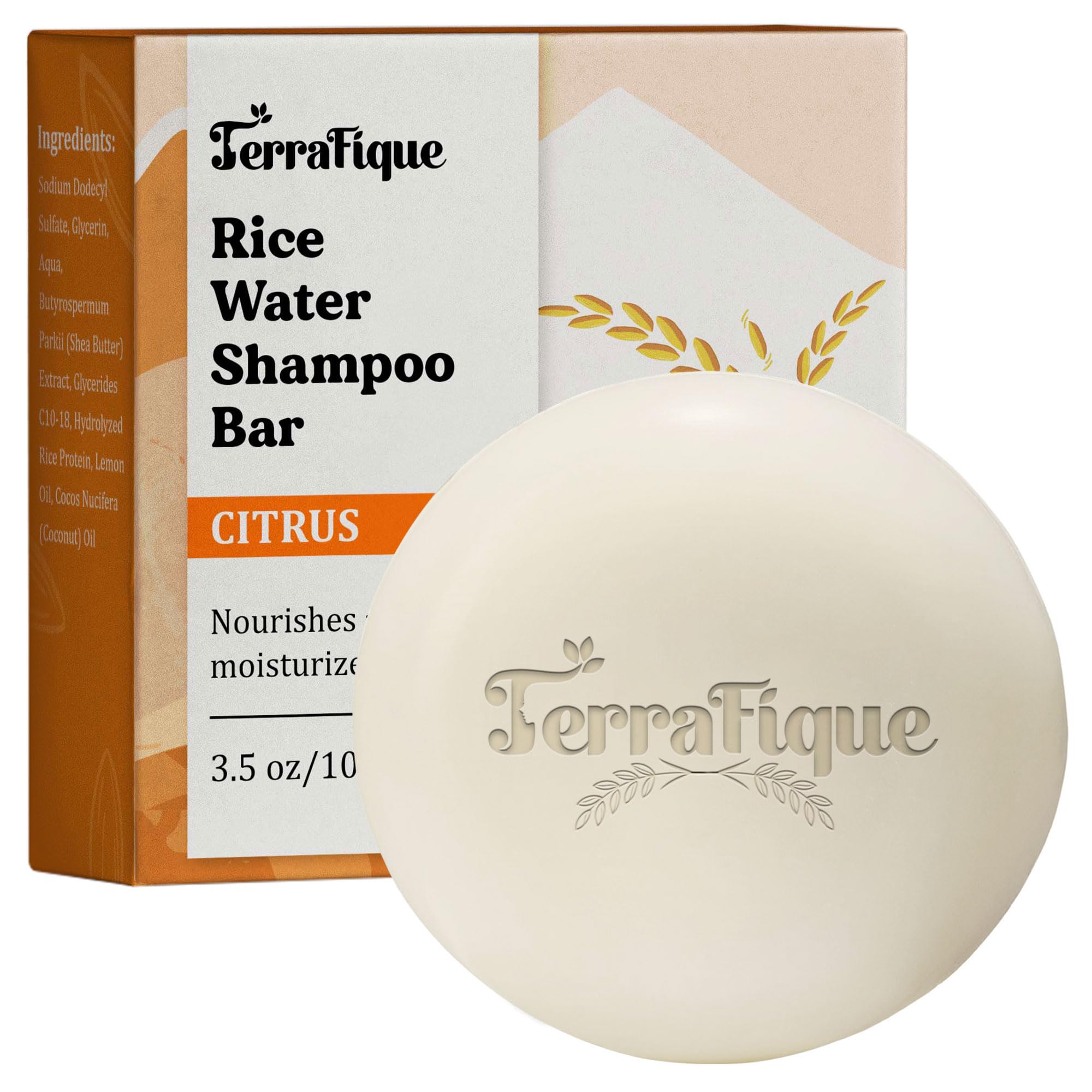 Terrafique Rice Water Shampoo Bar - Citrus Scent - Nourishing Shampoo With Cocoa Butter, Shea Butter For Hair Growth - 3.5 Oz /