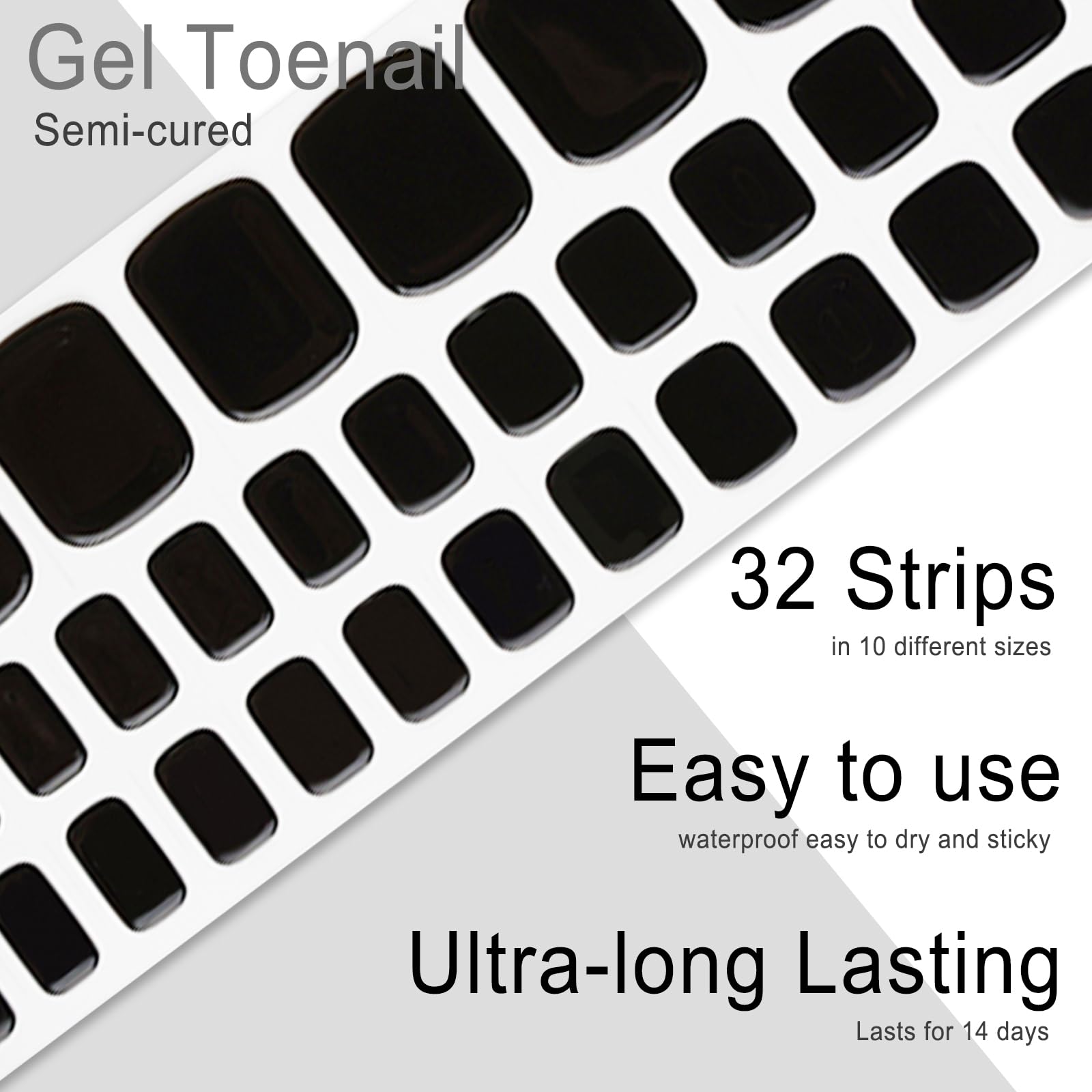 Wekcekcek Semi Cured Gel Toenail Strips, 32 Black Gel Toenail Stickers - Works With Any Nail Lamps Gel Pedicure Strips Full Nail