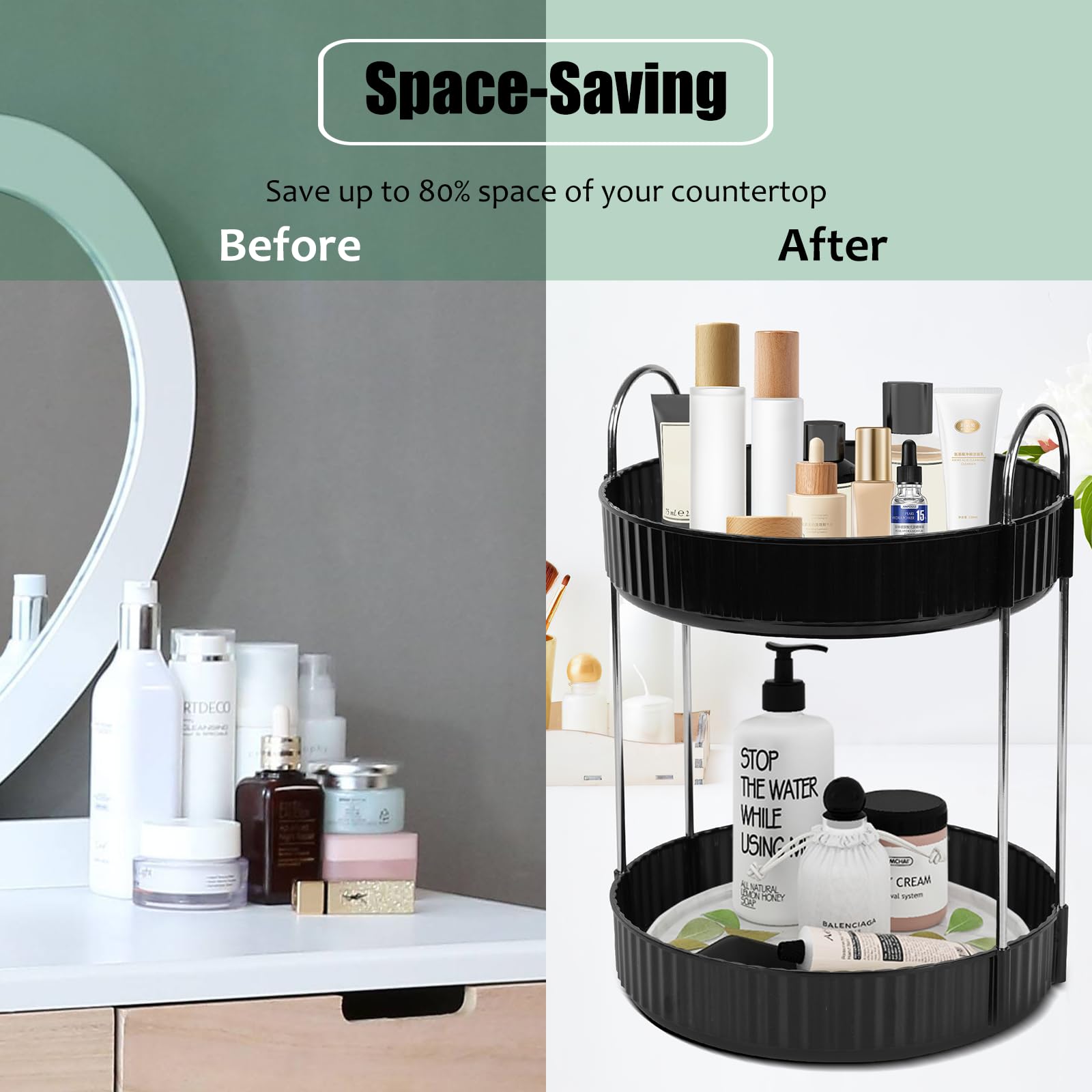 Zufudo Rotating Makeup Organizer Countertop 2 Tier Lazy Susan Trays Spinning Skincare Perfume Storage For Bathroom Counter Vanit