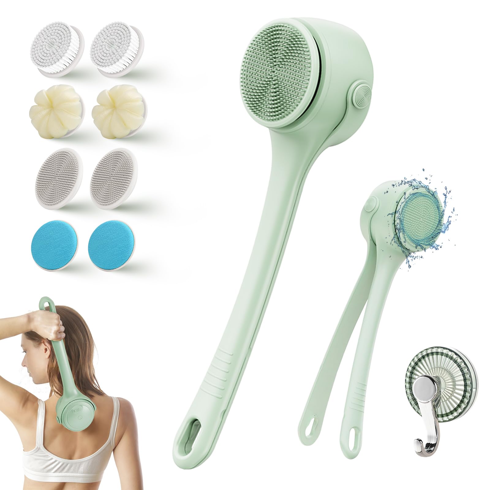 Xquyk Electric Body Brush Back Scrubber for Shower, 8 Replaceable Heads and Hook, Long Handle, 2Speed, TypeC Rechargeable, Wat