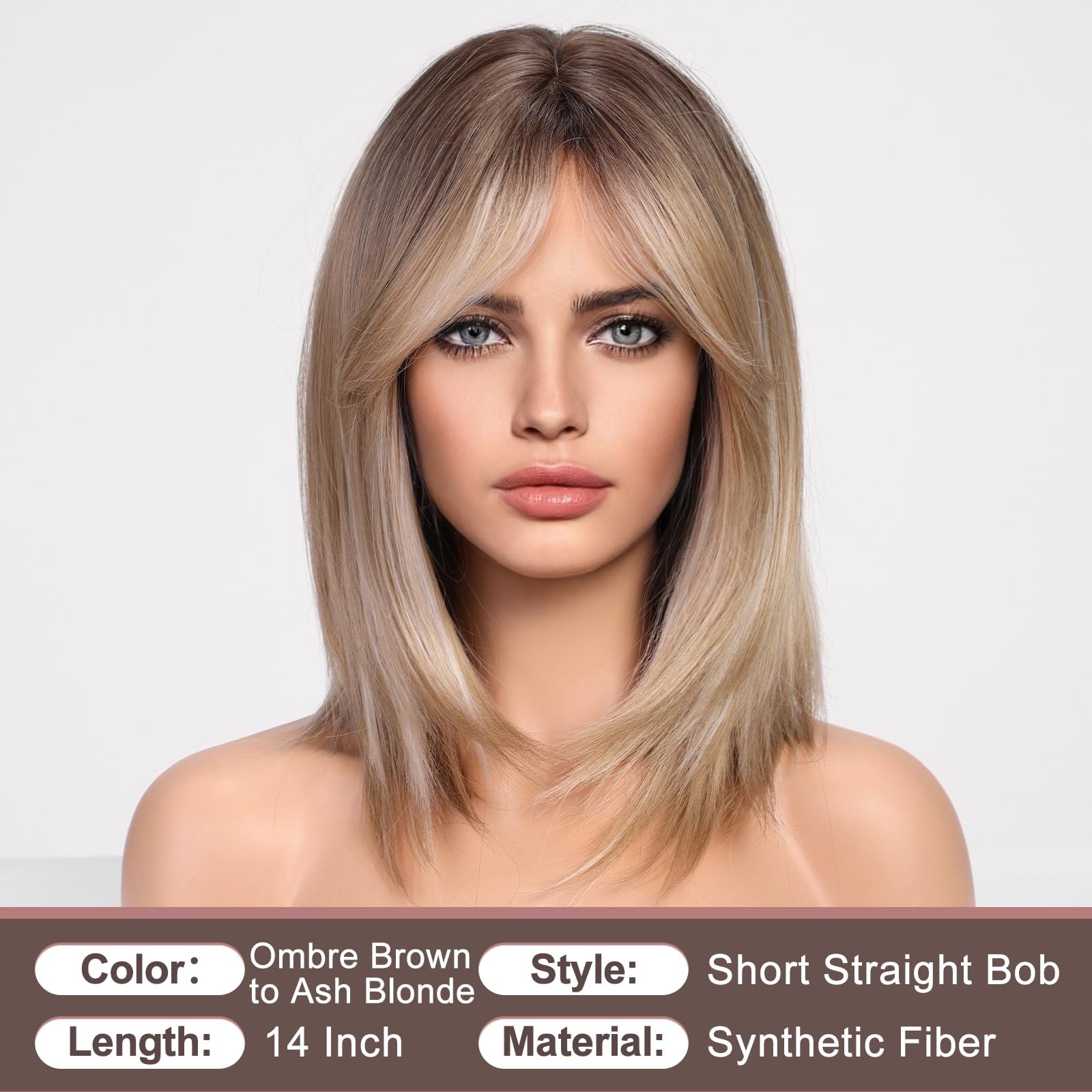 Haircube Ombre Ash Blonde Wigs For Woemn Light Blonde Straight Wig With Curtain Bangs Shoulder Length Natural Synthetic Wig For
