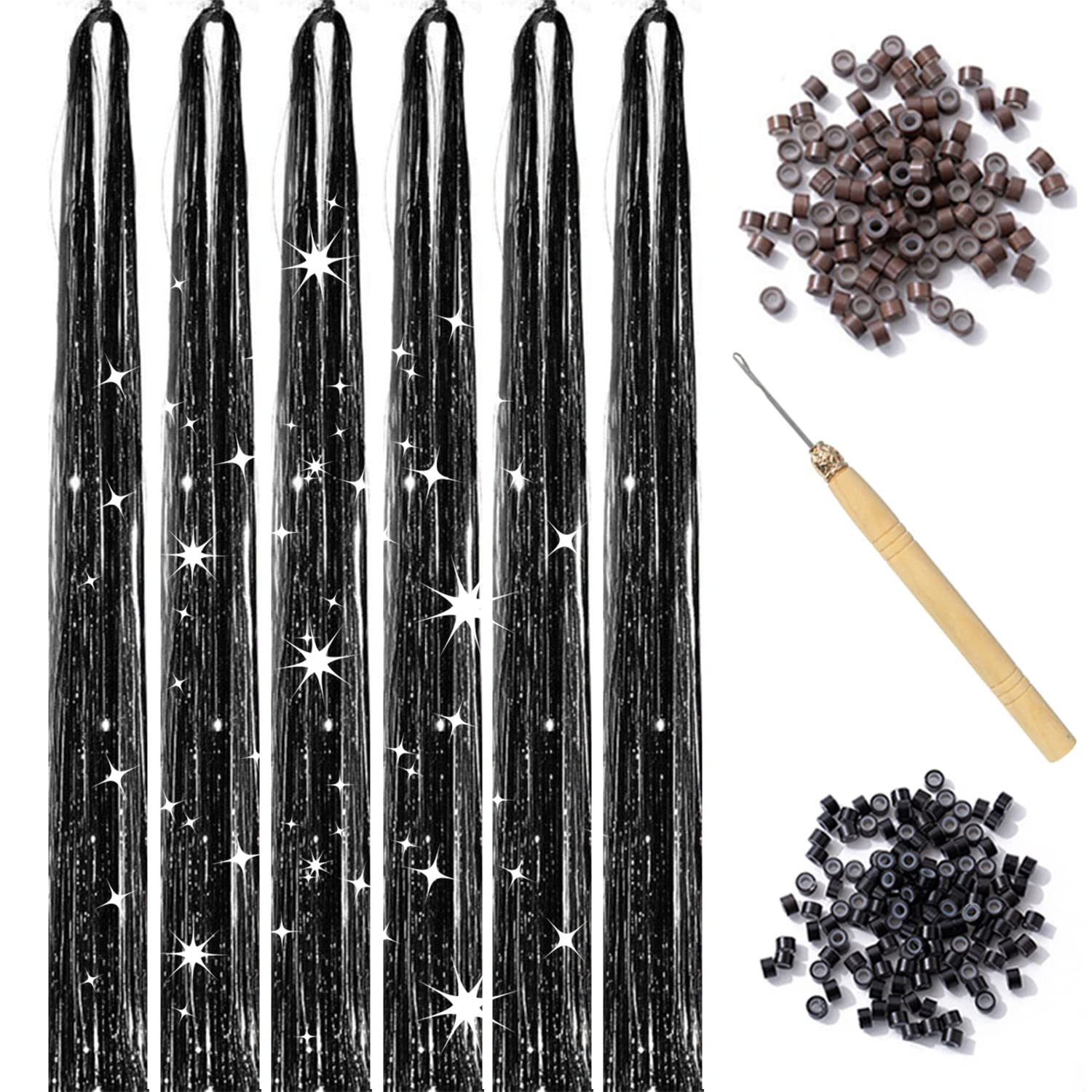 Black Hair Tinsel Kit with Tool 6pcs 1200 Strands Glitter Tinsel Hair Extensions Heat Resistant Sparkling Shiny Fairy Hair Acces