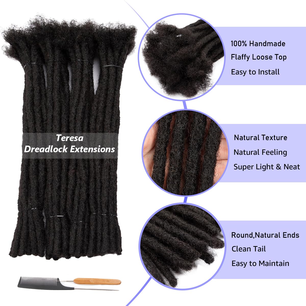 Teresa 6-18 Inch 0.8Cm & 0.4Cmwidth 100% Human Hair Dreadlock Extensions For Men/Women/Kids Full Hand-Made Permanent Dread Exten