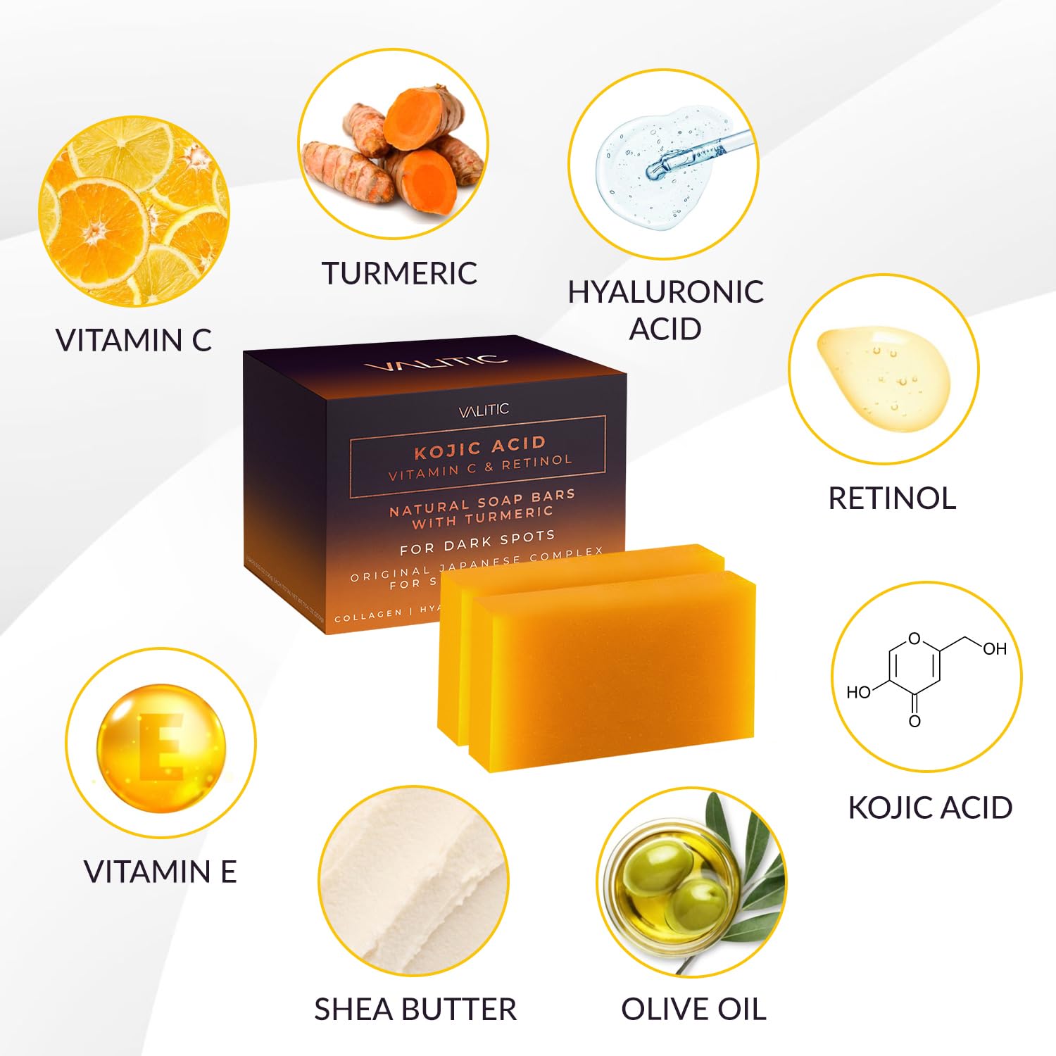 Valitic 2 Pack Kojic Acid Vitamin C & Retinol Soap Bars For Dark Spot & A Pair Of Turquoise Exfoliating Gloves For Body Scrubs
