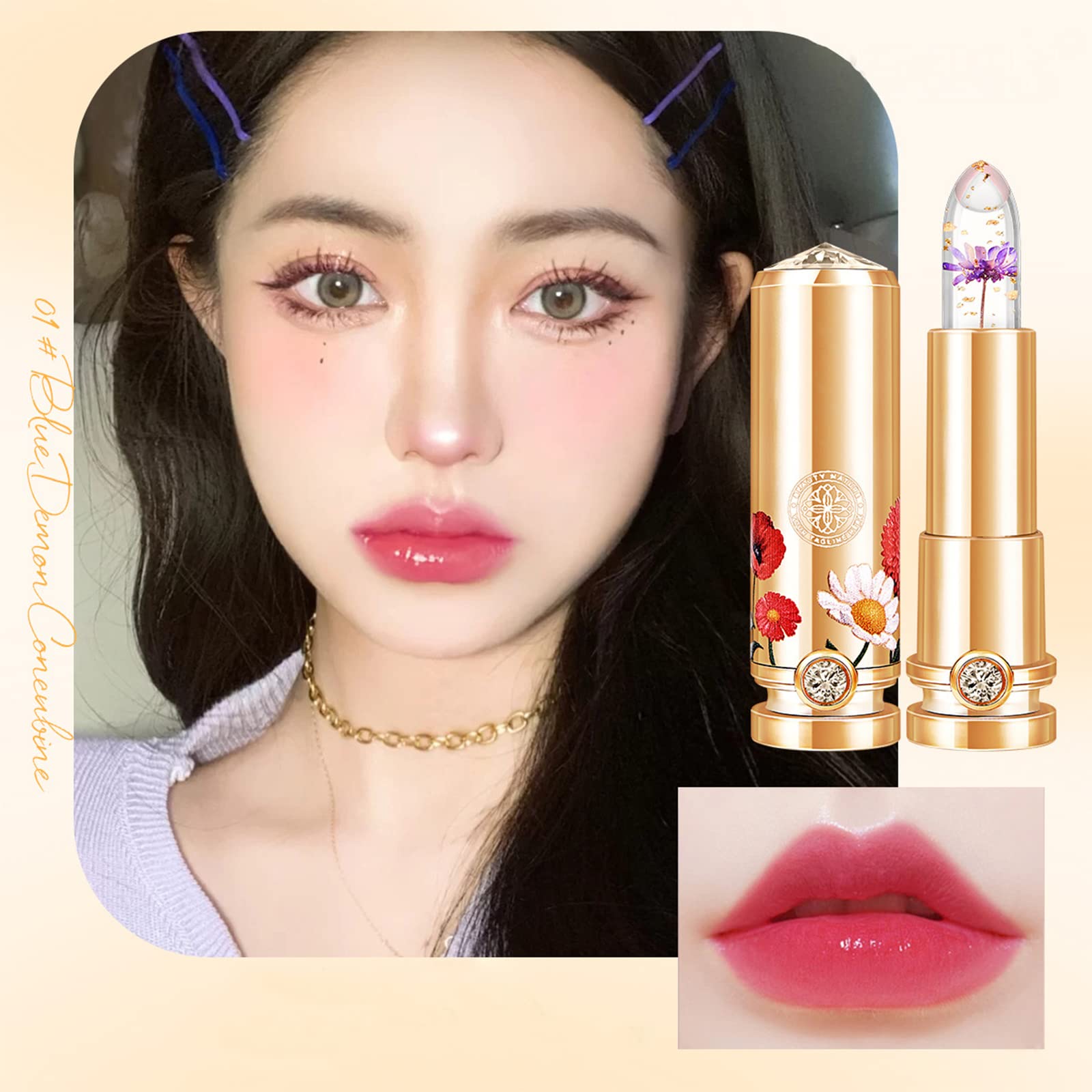 Mrettick 3 Colors Crystal Flower Jelly Lipstick Set,Magic Temperature Color Changing Lip Gloss Ph Lipstick Color Changing Jelly