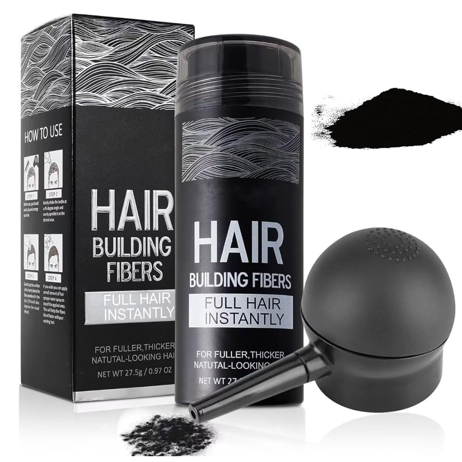 SHIFAKOU Hair Building Fibers - Black, 27.5g, Spray Applicator, Natural Look, Conceals Thinning Hair for Men & Women
