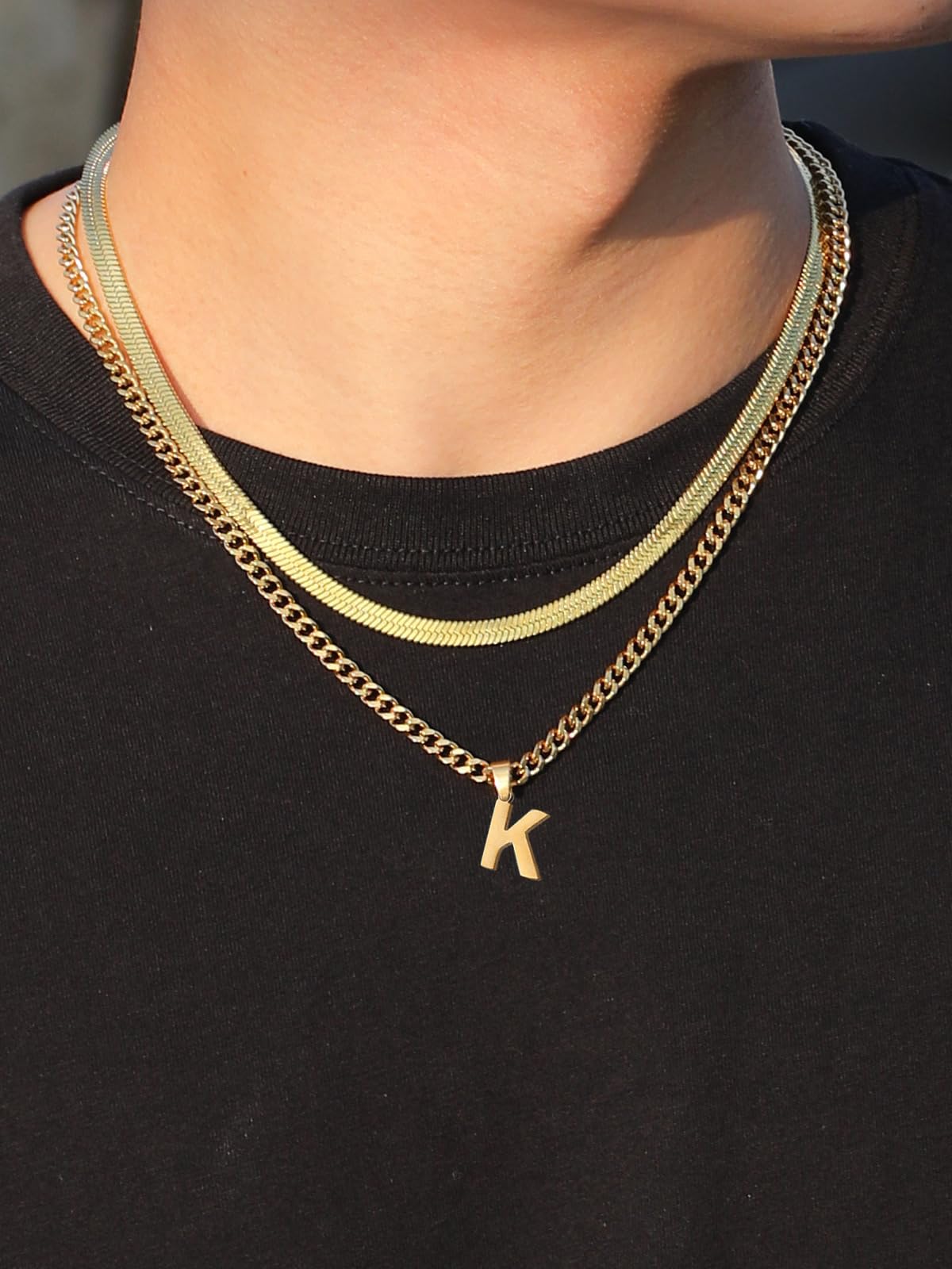 P.BLAKE Layered Initial K Pendant Necklace for Men, Stainless Steel Letter Cuban Link Herringbone Chain Jewelry Collar Cadenas P