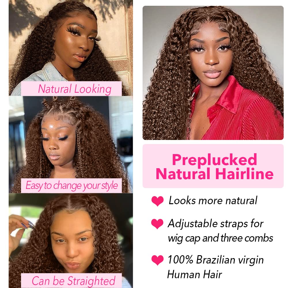 250% Density Mongolian Curly Lace Front Wigs Human Hair 13X6 Auburn Brown Hd Transparent Lace Front Wigs Human Hair For Women Wi