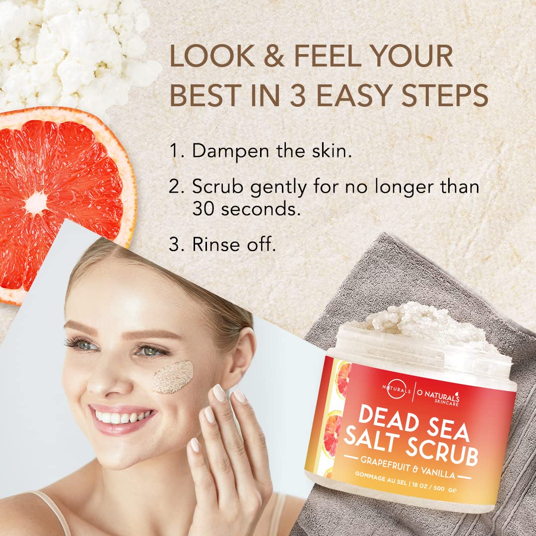 O Naturals Exfoliating Dead Sea Salt grapefruit Essential Oil Face Body & Foot Scrub wVanilla & Hydrating Exfoliate Dead Skin, M