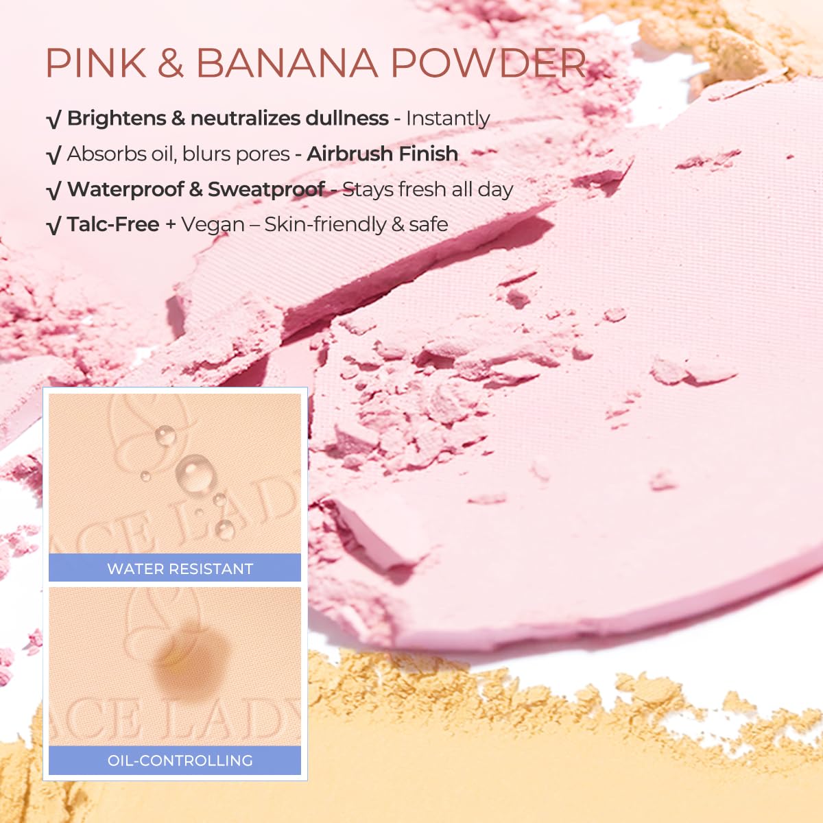 SACE LADY Face Powder Waterproof Setting Makeup, Talc-Free Oil Control Pressed Powder Compact for Women, Blurring Pores Matte Lo