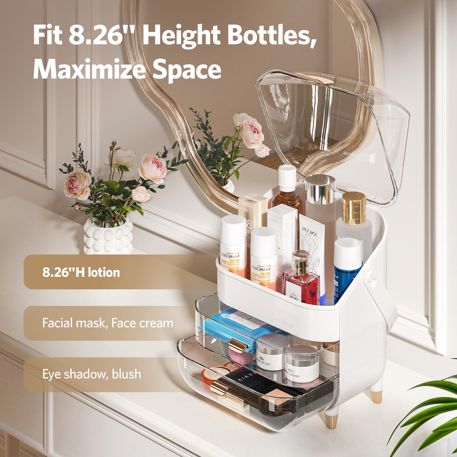 Delamu Makeup Organizer For Vanity, Skincare Organizer With Lid And Drawers, Bathroom Counter Organizer Perfume Makeup Storage,
