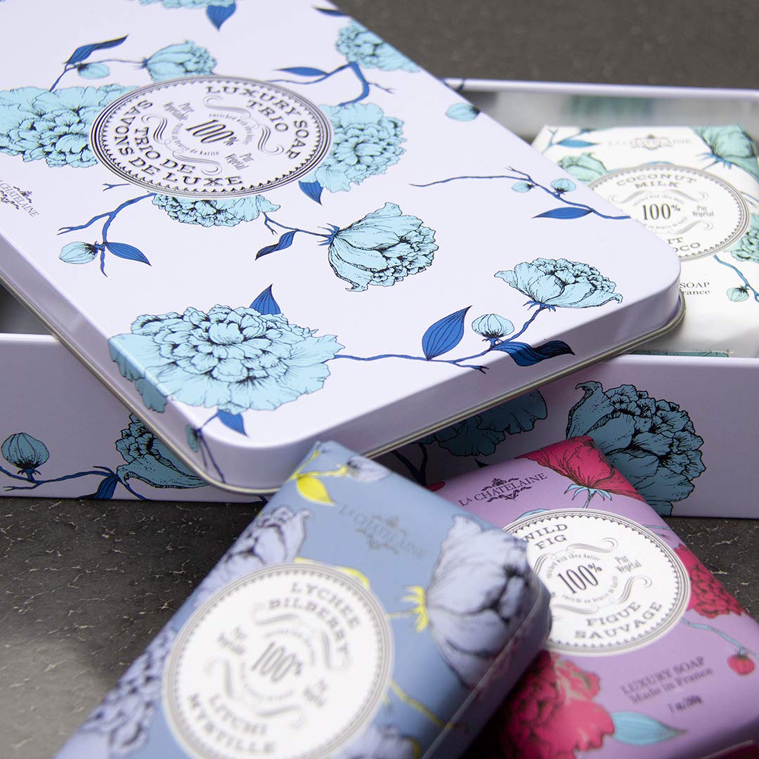 La Chatelaine Luxury Bar Soap Trio Gift Set Tin - Winter White | Made In France | Natural And Organic Soap Bars | Shea Butter Fo