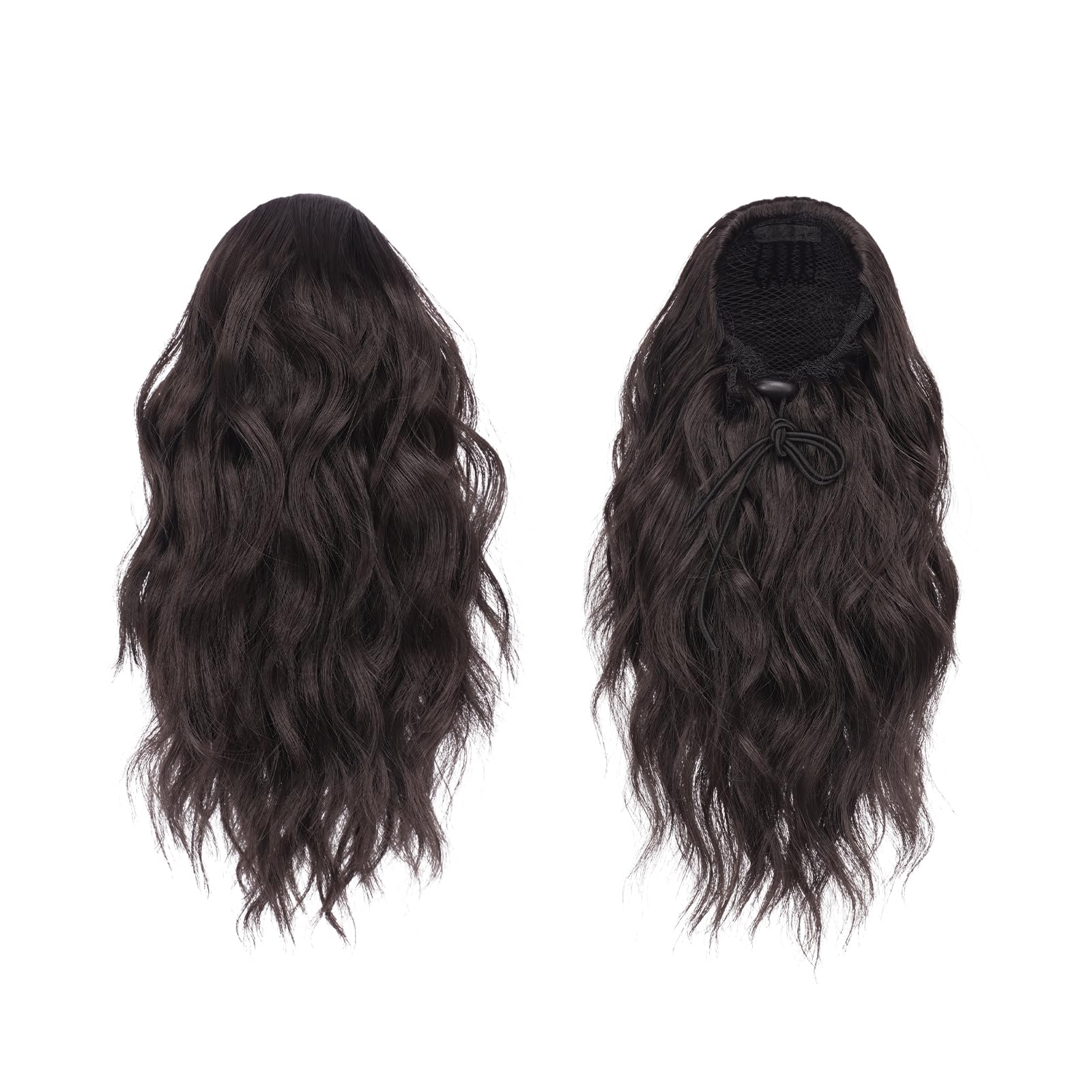 Feshfen Ponytail Extensions, Drawstring Ponytails Hair Extension Dark Brown Short Curly Wavy Hair Piece Synthetic Brown Pony Tai