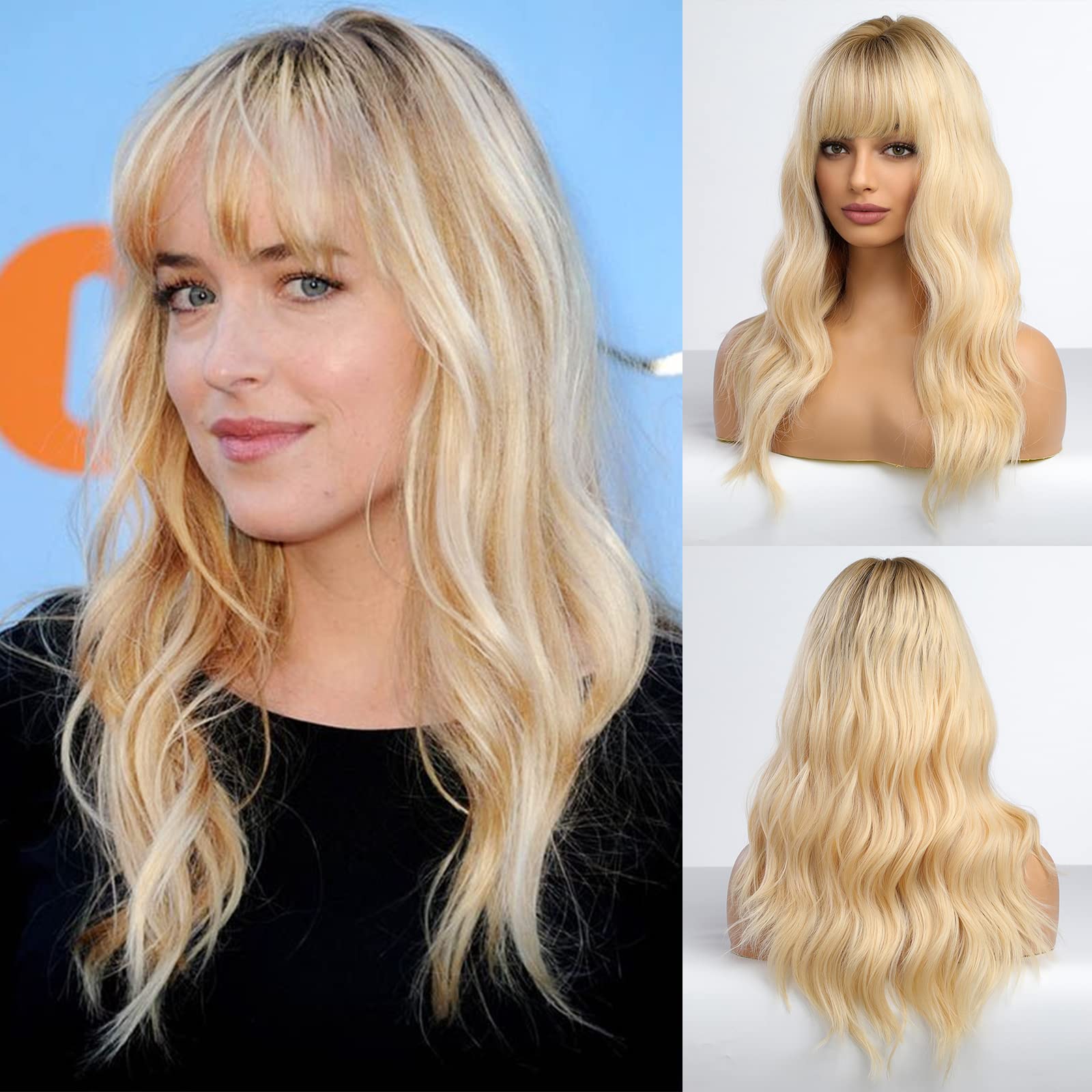 HAIRCUBE Long Wave Blonde Wigs With Bangs,Ombre Blonde Curly Wigs for Women Heat Resistant Synthetic Wigs