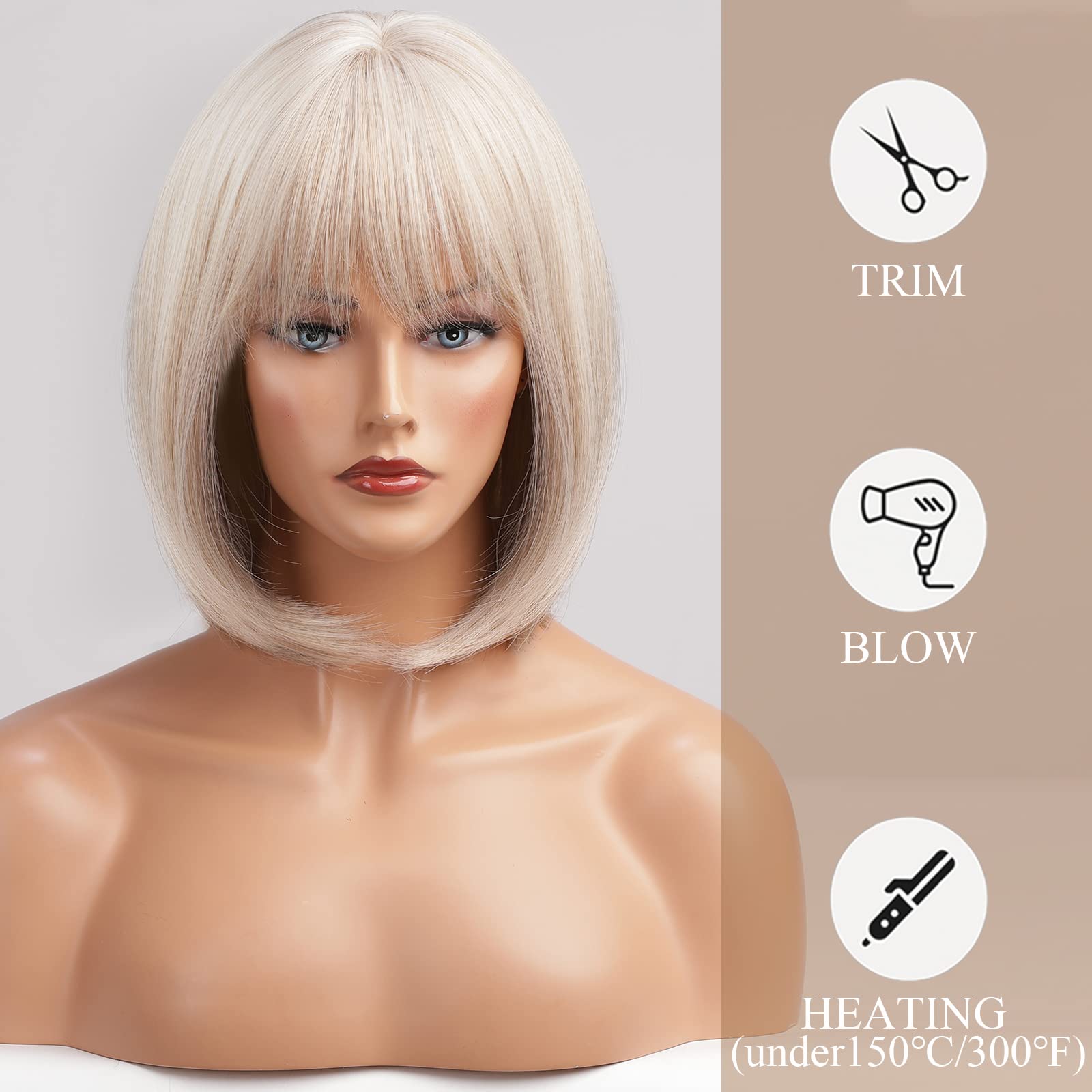 Haircube 12 Inch Blonde To White Bob Wigs With Bangs Ombre To Blonde Hair Synthetic Heat Resistant For Women