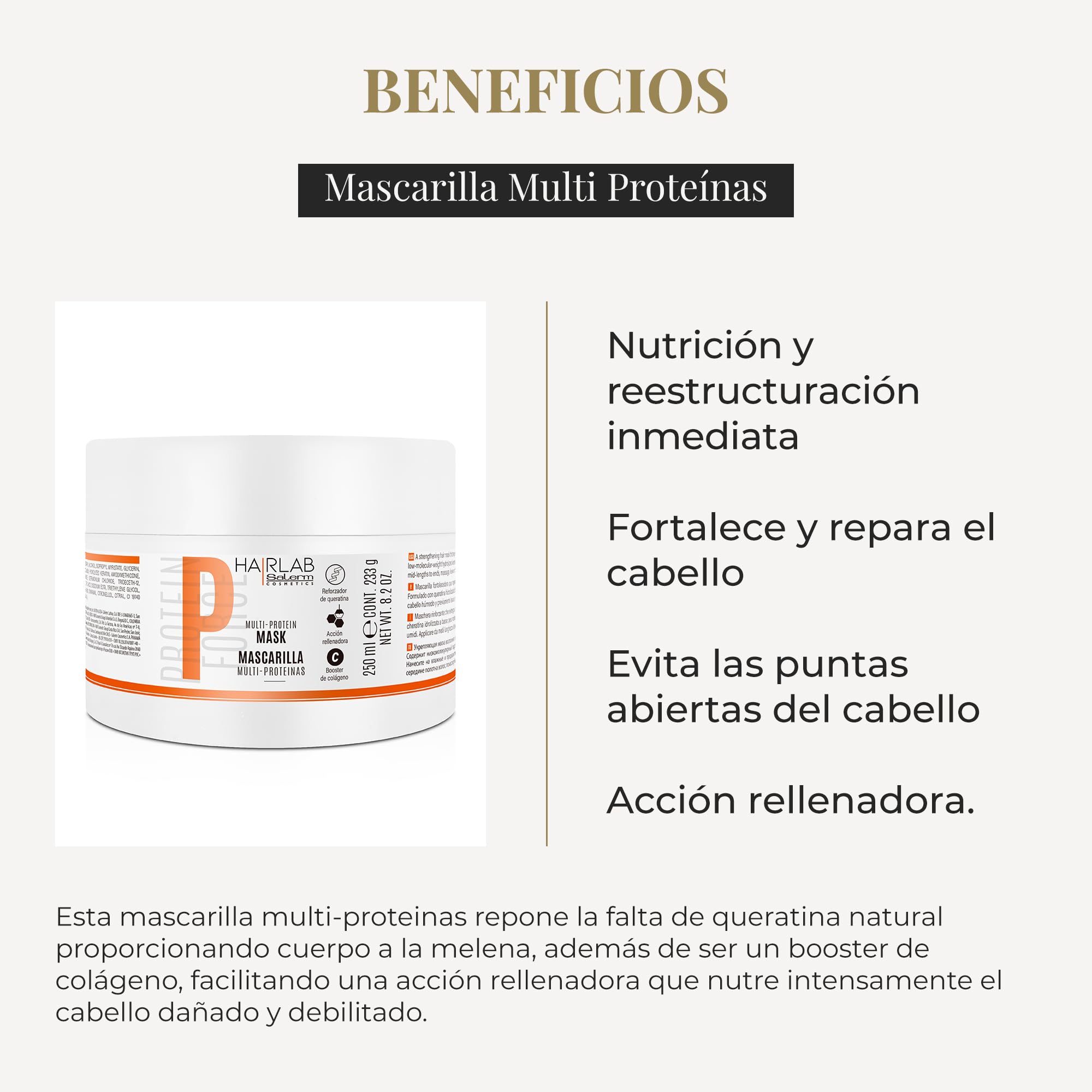 Salerm - Damaged Hair Mask - Multi-Proteins Hair Lab - 250 Ml - Replenishes Natural Keratin - Adds Body To Hair - Strengthens An