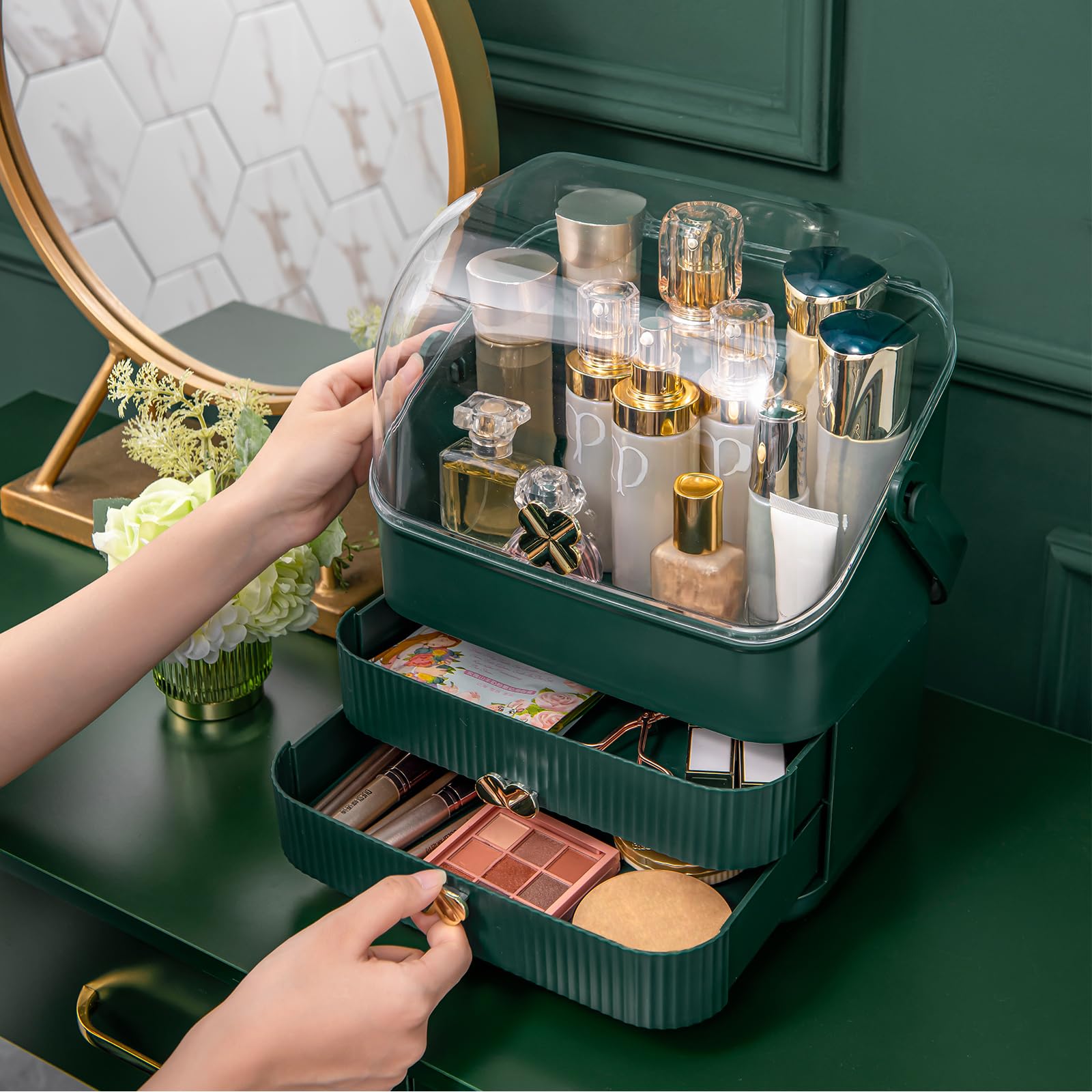 Preppy Skincare Organizers Makeup Organizer Holder Cosmetic Storage Box Display Case 3 Tiers Dust Free Cover Portable Handle 2 R