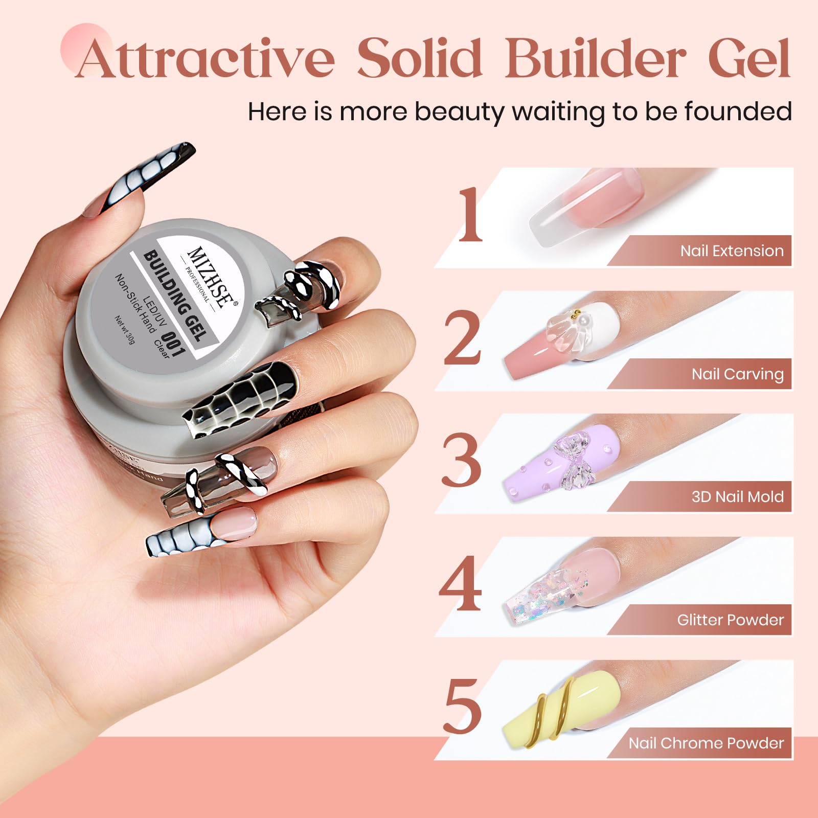 Mizhse Clear Solid Builder Gel For Nails, 30G Hard Gel For Nails Non-Sticky Nail Extension Builder Gel, Nail Strengthen Gel 3D S