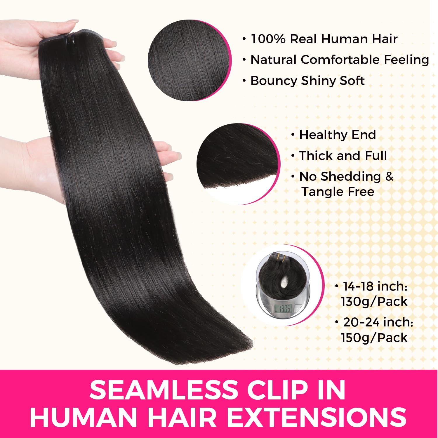 Lashey 150G 9Pcs Hair Extensions Real Human Hair 22 Inch Natural Black Yaki Straight Seamless Clip In Human Hair Extensions With