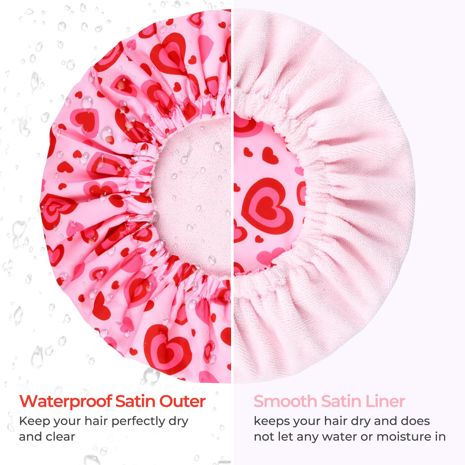 Shower Cap For Women Terry Lined Bath Cap Large Reusable Waterproof Elastic Band Pink Love Shower Caps For Long Thick Hair Soft