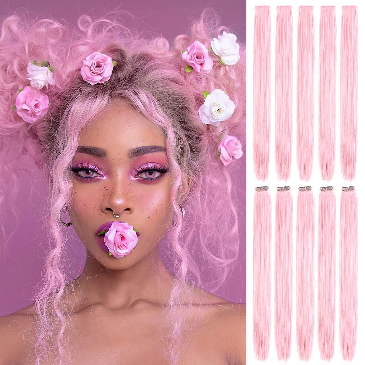 BHF Light pink Hair Extensions Clip ins - 22'' 10pcs Straight Colored Hairpieces for Kids Girls Highlights