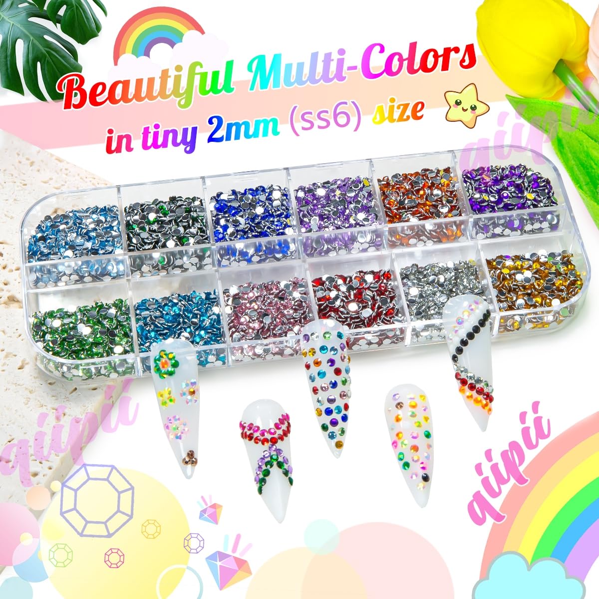 qiipii 12 Colors 2mm Small Crystal Resin Rhinestones Rainbow Colorful Flatback Tiny Stones Gems Diamonds Crystals Charms for Nai