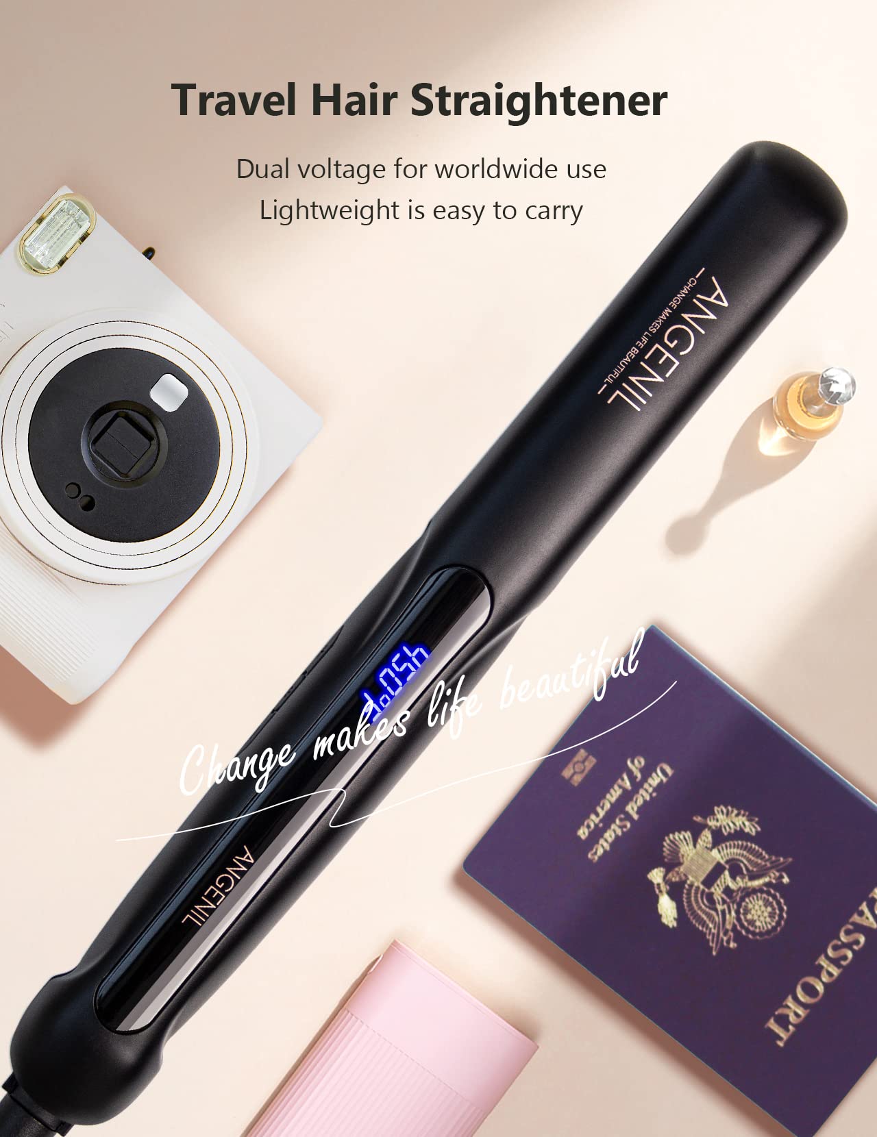 ANGENIL Argan Oil Flat Iron Hair Straightener and Curler 2 in 1, Portable Travel Hair Straightening Curling Iron, Professional F