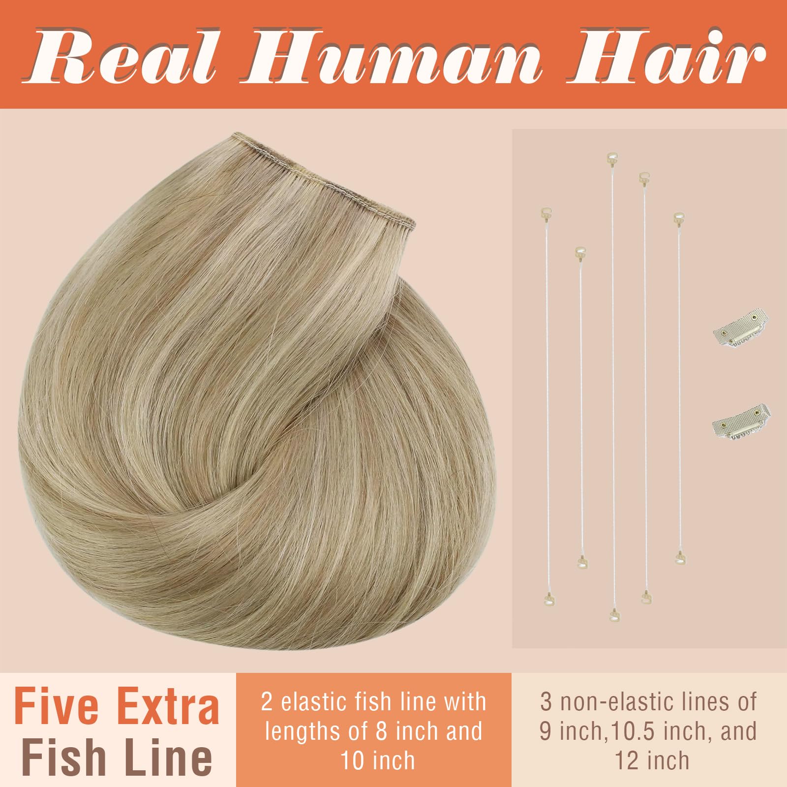 Sunny Wire Hair Extensions Real Human Hair Fish Line Human Hair Extensions Invisible Wire Extensions Golden Blonde with Medium B