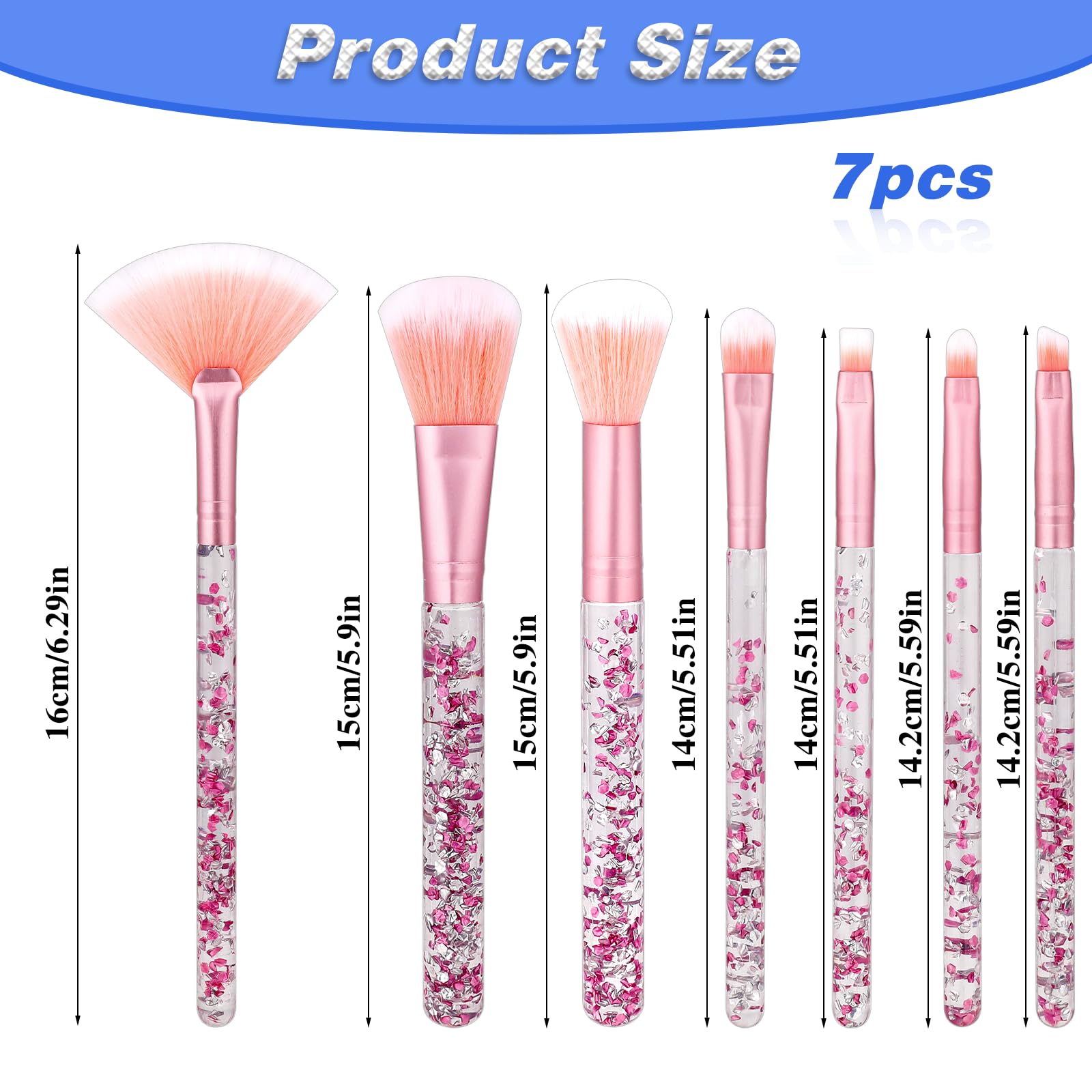 7 Pcs Makeup Brushes, Crystal Sparkles Cute Fan Blush Foundation Powder Lip Highlight Eye Shadow Eyebrow Concealers Brush Set Wi